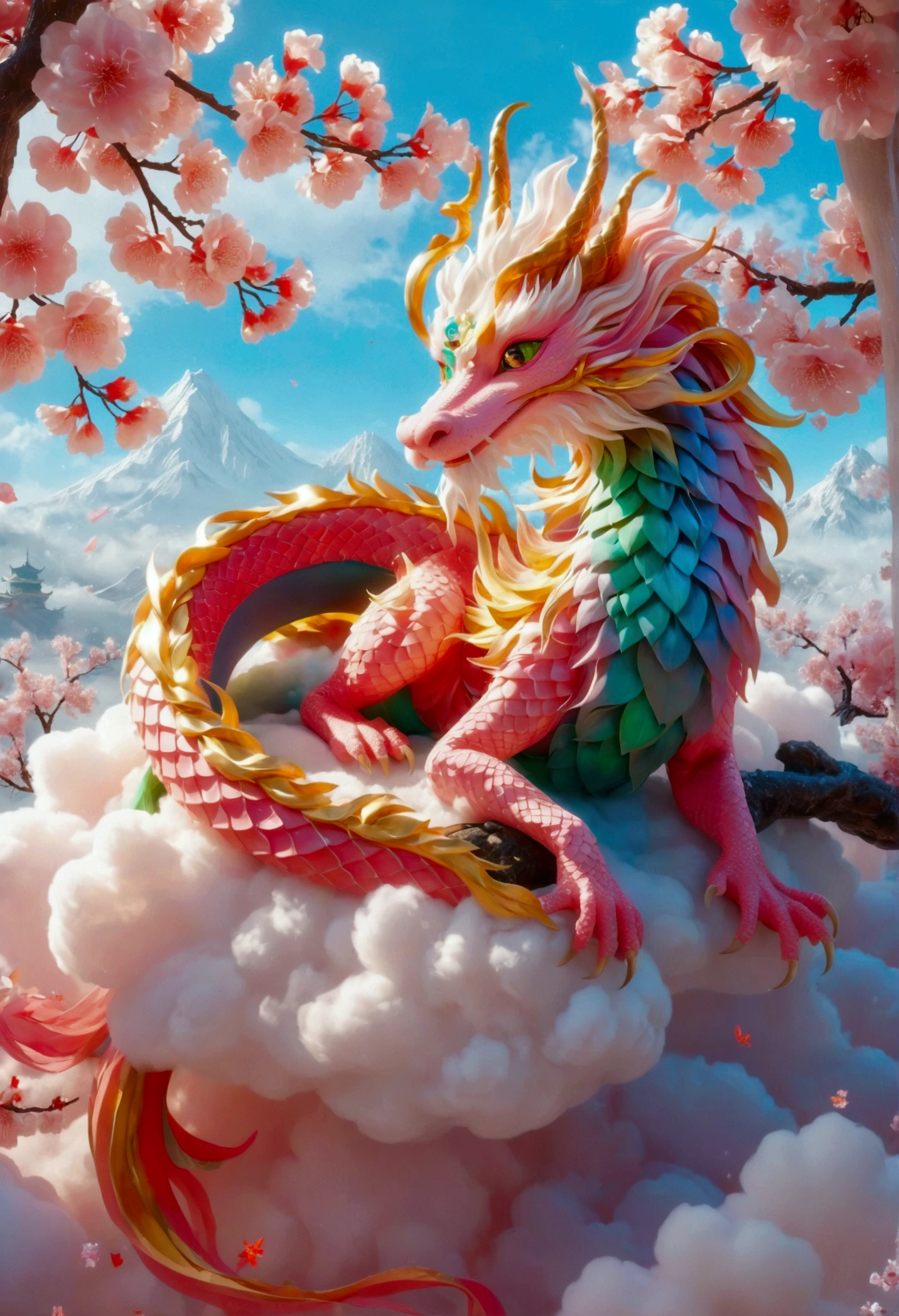 [Vision:1.0]，[Wide Angle:1.0]，Dragon sleeping on clouds, translucent glass brush, Sakura and gold style, anime aesthetics, furry art, pink, elaborate, 3d, C4D rendering, 8k, super high detail, Bright colors，Bright，Ultra high saturation，rgb, Colorful)，(High contrast:1.5)，(whole body:1.8), magazine photography，Popular on social platforms，((Dopamineism))，(((Dopamine color matching)))，Dopamine，(in the style of Y2K)，Luo Erchun，Three-dimensional ancient style，Oriental poetry and painting