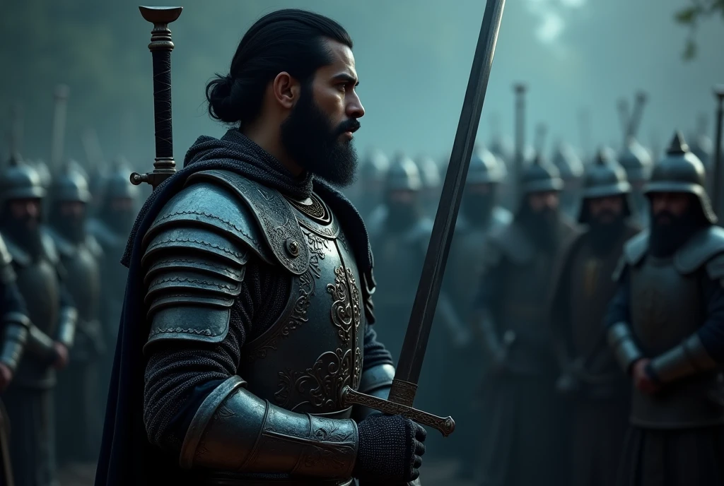 Profile, charge, many Muslim warriors, black men , middle body, (Has black hair and a beard),(Cover the whole body in armor, ((Chinese sword in both hands)) ,  ((He wears a chain clothes, and Wearing a turban, body light armor))) , night  ((Anatomically correct,Surrealism, uhd, retina, accurate, anatomically correct, textured skin, super detail, high details, best quality, 8k))