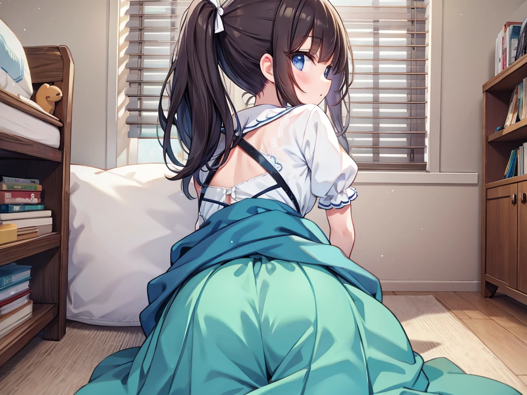 [atelier sophie:nichijou:0.5],(best quality:1.2),solo,kodomo,nursery clothes and skirt,on cute cushion,[:(half white panties:0.9):0.4],low ponytail,dark hair,look back,looking away,(bend over:1.1),semi real,(labia:0.7),(pov:0.7)