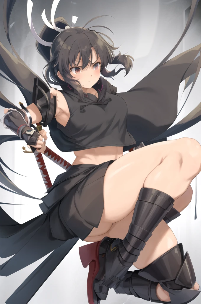 Homura(Senran Kagura), Homura has tanned skin and her dark brown hair is tied in a long ponytail with a white ribbon, the ends of the ribbon standing straight up. She wears a short black dress that looks similar to her old Hebijo uniform, and covers it with a small, light grey jacket, with samurai leg armor on each side. Around her neck is a long black cape with white trim. At the surface of her appearance, Homura has a rather cool demeanor to her upon interaction. She can be calm until a present situation calls for her to get serious. She's not one for conversation as she believes that actions speak louder than words. She also follows the ideal from her former sensei, Rin, that silence is a shinobi's best weapon. Homura is a playable character from the Senran Kagura videogame series. She makes her debut in Senran Kagura: Portrait of Girls. Homura has tanned skin and her dark brown hair is tied in a long ponytail with a white ribbon, the ends of the ribbon standing straight up. She dons the usual Hebijo uniform, which is an all black sailor fuku with red trim. Like Asuka, she wears wrist guards on her forearms with bandages underneath. She wears white loose socks with brown dress shoes. In addition to six katana which she wields at the same time, she carries a nodachi known as Engetsuka on her back. At the surface of her appearance, Homura has a rather cool demeanor to her upon interaction. Body and Physique:
Homura has a well-defined, athletic build that reflects her ninja training. Her body is lean and toned, with prominent muscle definition in her arms and legs, indicating her strength and agility. Her waist is narrow, leading to a more pronounced hourglass figure, which is accentuated by the design of her outfit. Her posture is often upright and confident, embodying the discipline and skill of a seasoned warrior. Despite her sleek and agile appearance, she maintains a strong and resilient physique, essential for her role in battle. NSFW NSFW NSFW NSFW HENTAINSFW