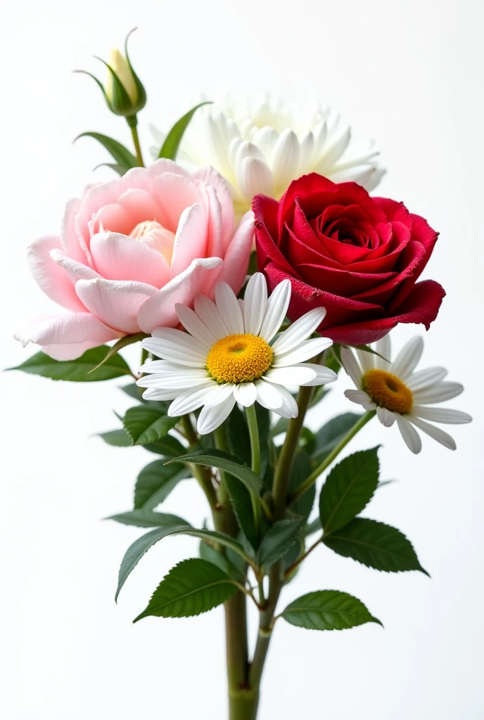 Ultra HD、bouquet、3 types of flowers、red, light pink and white flowers、White background
