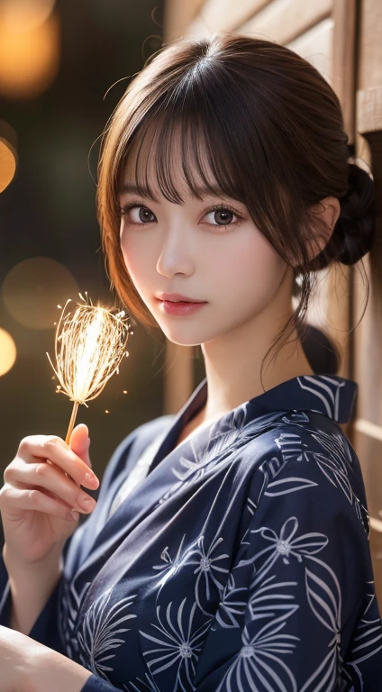 masutepiece, Best Quality, Illustration, Ultra-detailed, finely detail, hight resolution, 8K Wallpaper, Perfect dynamic composition, Beautiful detailed eyes, Yukata, Hanabi background