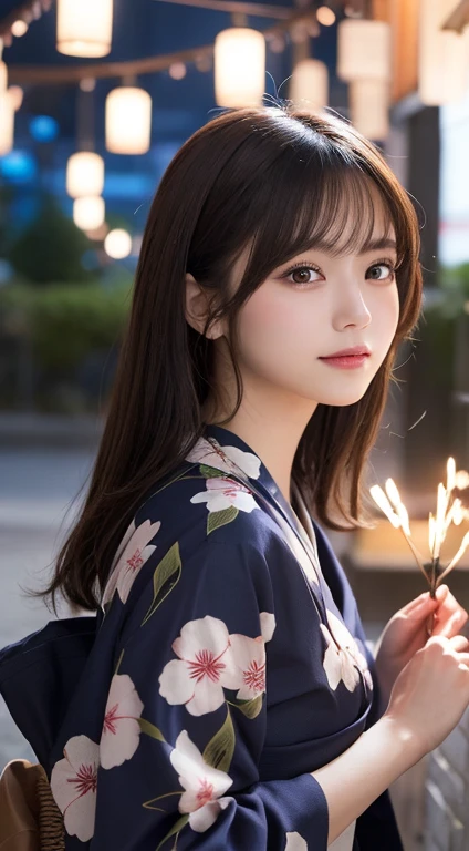 masutepiece, Best Quality, Illustration, Ultra-detailed, finely detail, hight resolution, 8K Wallpaper, Perfect dynamic composition, Beautiful detailed eyes, Yukata, Hanabi background