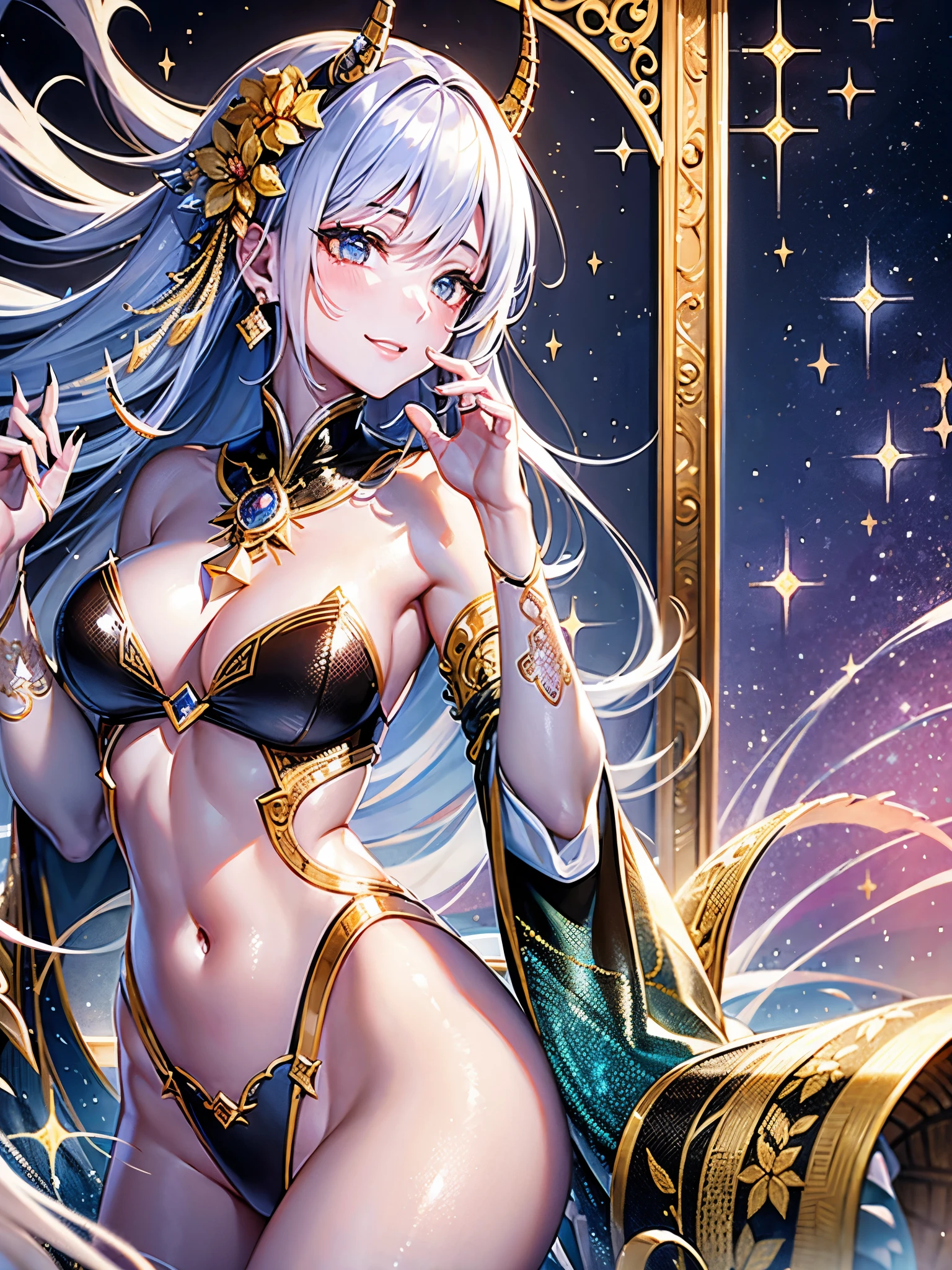 ((Highest quality)),(Ultra-high resolution),(Super detailed),(Detailed Description),((The best CG)),(masterpiece),Highly detailed art,(Art with precise detail:1.5), Chinese painting:1.5, (woman:1.3),Smile:1.3,(Skin with sparkling scales:1.5),Knotted horn:1.6,Eye of the Beast:1.3,Sharp and long claws:1.4, water, Sparkling Reflection, Dance