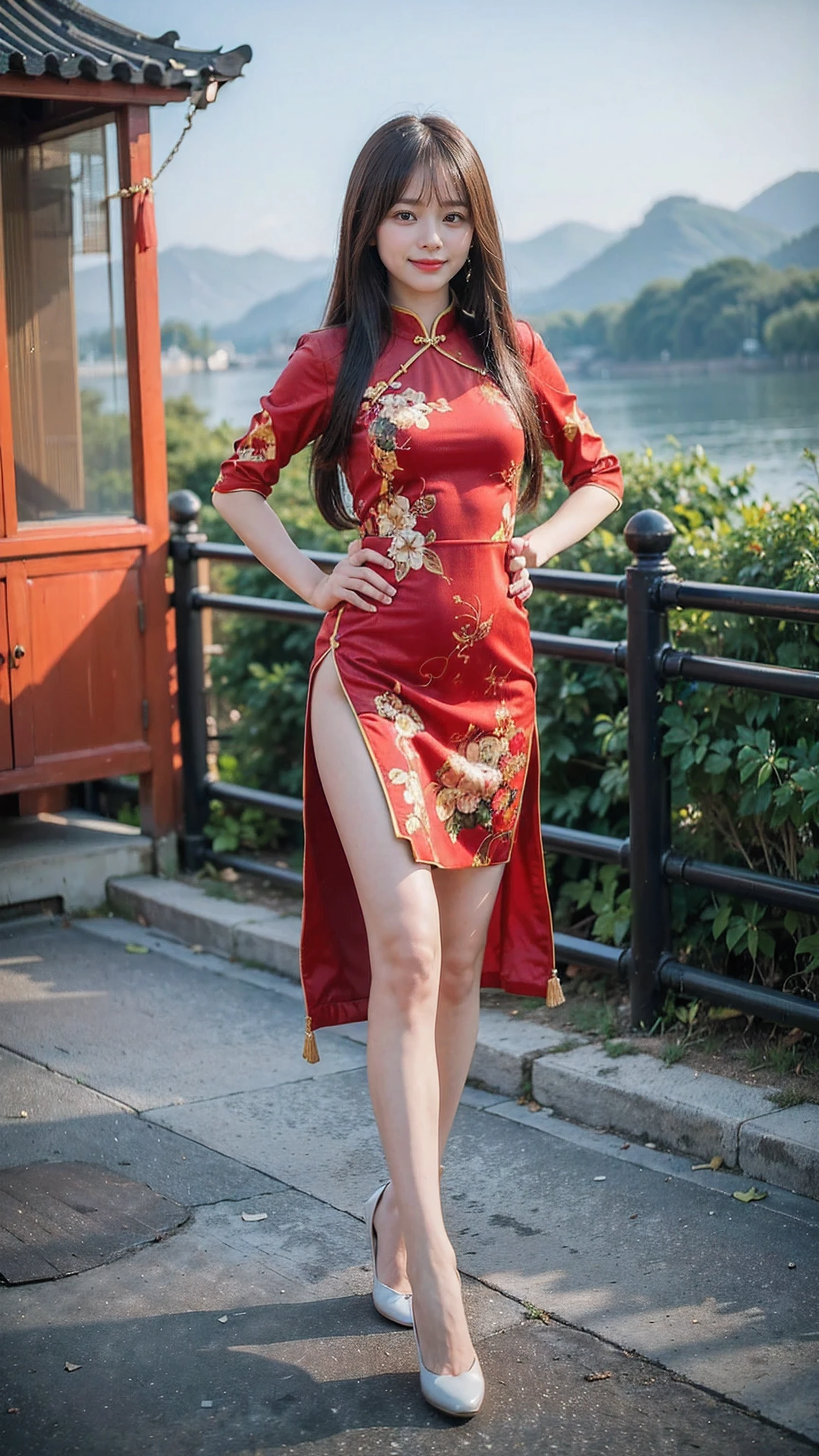 (8k、RAW Photos、Highest quality、masterpiece:1.2)、(Realistic、Realistic)、1 、((China dress:1.2、Thin legs、whole body、View from the front、smile、Looking into the camera、Stand with hands on hips))、cute、Leg fetish erection images