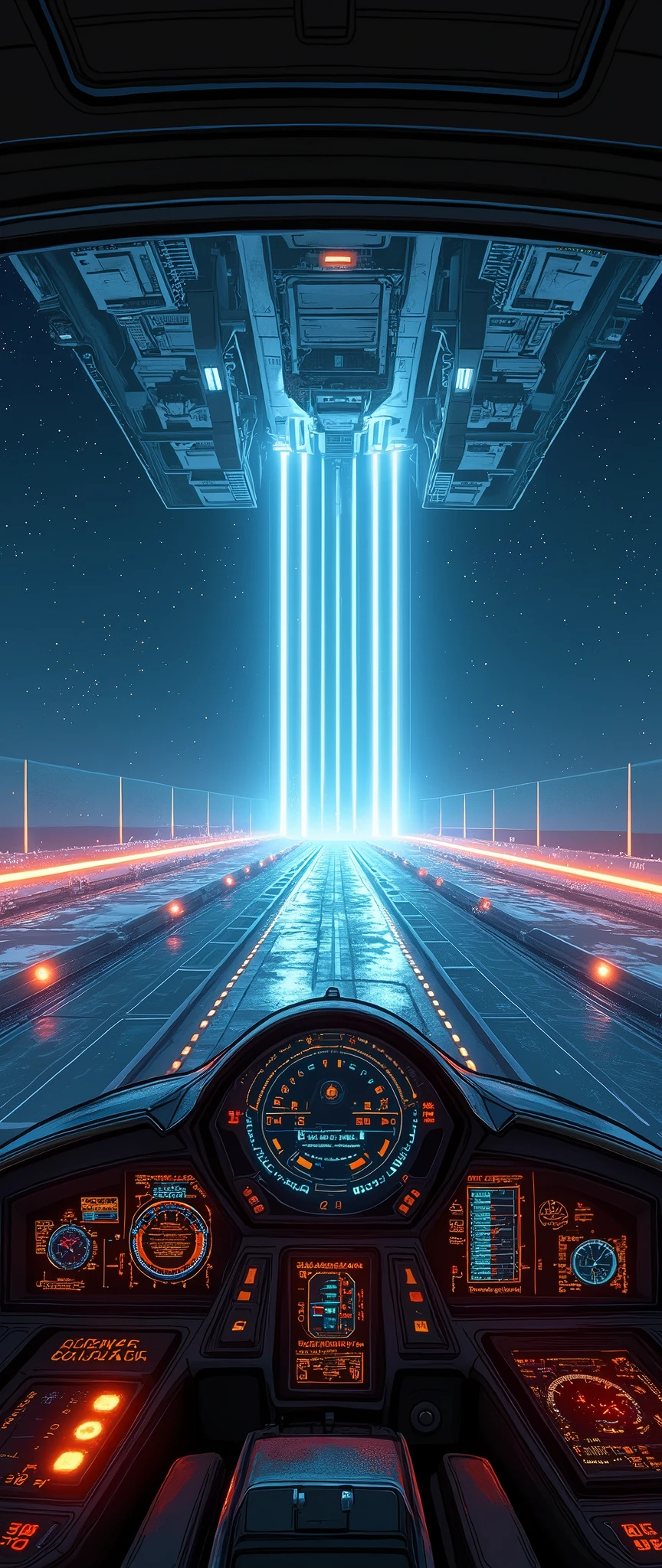(masterpiece:1.2,Distinguished Quality,Mirror-like,Cinematic Experience),8k,wallpaper,View from the cockpit of a space fighter,(Landing on the mothership, the space carrier:2.0),(Mother ship launch and recovery catapults 2.0),(The lights of the landing guidance system are extending from the mothership's runway:2.0),(Drawing the landing catapults and:2.0),(The guide light is displayed as a dotted line of seven colored lights.:2.0),(Cockpit drawing:2.0),dynamic,(universe space:2.0)