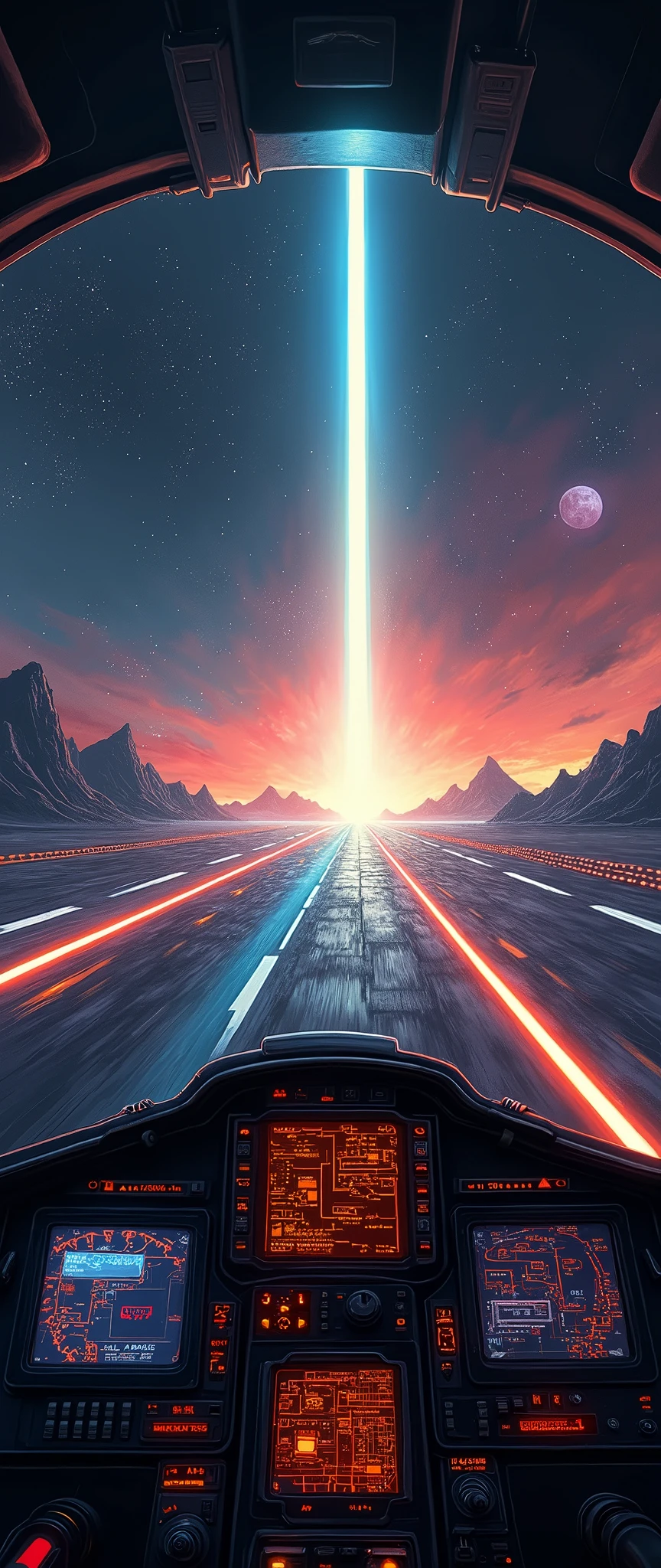 (masterpiece:1.2,Distinguished Quality,Mirror-like,Cinematic Experience),8k,wallpaper,View from the cockpit of a space fighter,(Landing on the mothership, the space carrier:2.0),(Mother ship launch and recovery catapults 2.0),(The lights of the landing guidance system are extending from the mothership's runway:2.0),(Drawing the landing catapults and:2.0),(The guide light is displayed as a dotted line of seven colored lights.:2.0),(Cockpit drawing:2.0),(dynamic:2.0),(universe space:2.0)