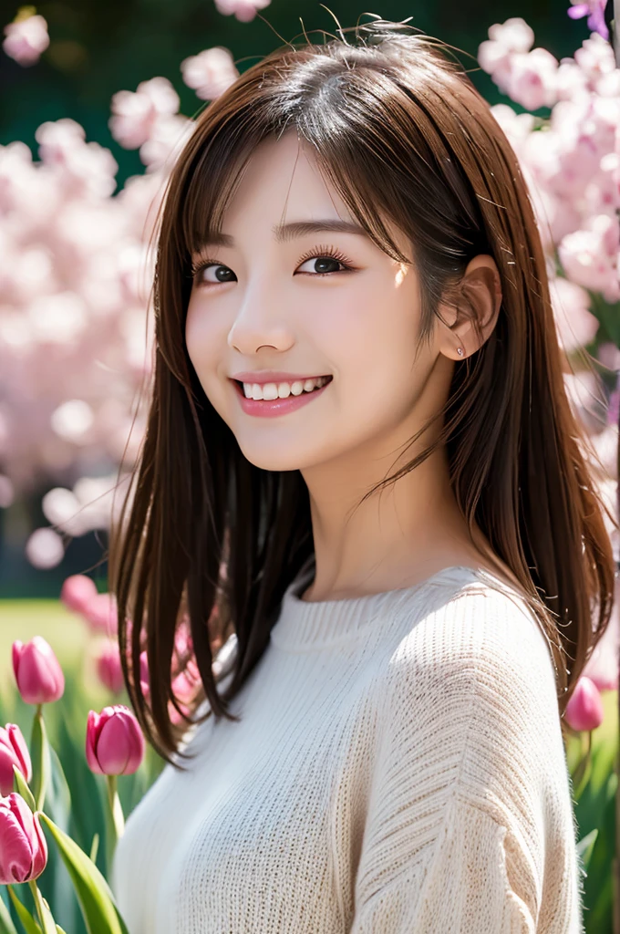 Image resolution 8K、Representative works:1.3)、Beauty、1 female、(魅力的なbody:1)、abdomen:1.1、Dark Brown Hair:1.1、(body:1)、Super detailed facial features、Attractive lips、double eyelid、Wearing a fashionable and stylish V-neck garment、Super realistic and super cute details、Japanese women、10th generation(18-year-old)、Adorable smile with a smile、Hair blowing in the wind、Short Hairstyle、Portrait in the studio、Tulips in white, red, pink, and purple are in full bloom at the park.、Nice pose、