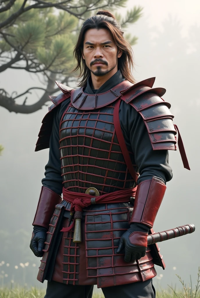 トムクルーズ主演の映画The Last Samuraiをオマージュして、The Last Samurai, alone、(Departing into the morning mist of dawn)、Blur the background、Wearing new, beautiful armor with a black base and red threatening accents.、A sense of tragedy and tension、(Highest quality、masterpiece)、4K、