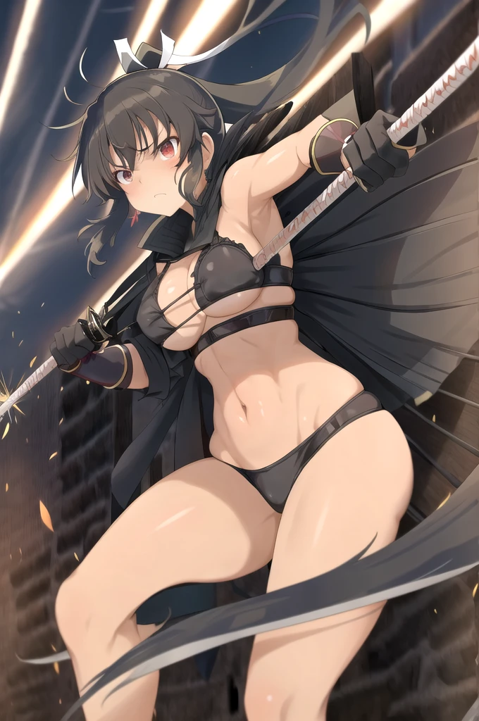 Homura(Senran Kagura), Homura has tanned skin and her dark brown hair is tied in a long ponytail with a white ribbon, the ends of the ribbon standing straight up. She wears a short black dress that looks similar to her old Hebijo uniform, and covers it with a small, light grey jacket, with samurai leg armor on each side. Around her neck is a long black cape with white trim. At the surface of her appearance, Homura has a rather cool demeanor to her upon interaction. She can be calm until a present situation calls for her to get serious. She's not one for conversation as she believes that actions speak louder than words. She also follows the ideal from her former sensei, Rin, that silence is a shinobi's best weapon. Homura is a playable character from the Senran Kagura videogame series. She makes her debut in Senran Kagura: Portrait of Girls. Homura has tanned skin and her dark brown hair is tied in a long ponytail with a white ribbon, the ends of the ribbon standing straight up. She dons the usual Hebijo uniform, which is an all black sailor fuku with red trim. Like Asuka, she wears wrist guards on her forearms with bandages underneath. She wears white loose socks with brown dress shoes. In addition to six katana which she wields at the same time, she carries a nodachi known as Engetsuka on her back. At the surface of her appearance, Homura has a rather cool demeanor to her upon interaction. Body and Physique: Homura has a well-defined, athletic build that reflects her ninja training. Her body is lean and toned, with prominent muscle definition in her arms and legs, indicating her strength and agility. Her waist is narrow, leading to a more pronounced hourglass figure, which is accentuated by the design of her outfit. Her posture is often upright and confident, embodying the discipline and skill of a seasoned warrior. Despite her sleek and agile appearance, she maintains a strong and resilient physique, essential for her role in battle. NSFW NSFW NSFW NSFW HENTAINSFW