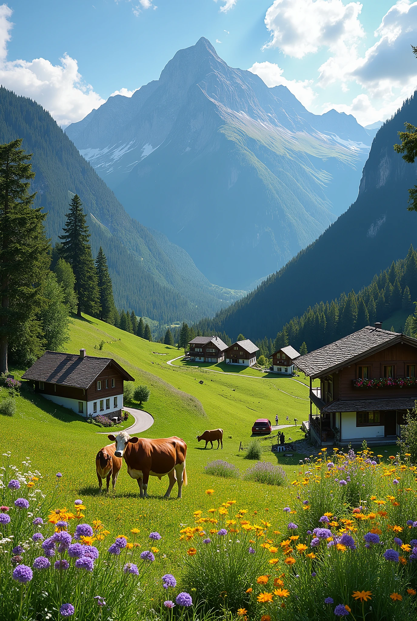 Europian huge  alps mountains in sunny day  along with Road  ,homes  trees  flowers cows  &  green  blue landscaps.