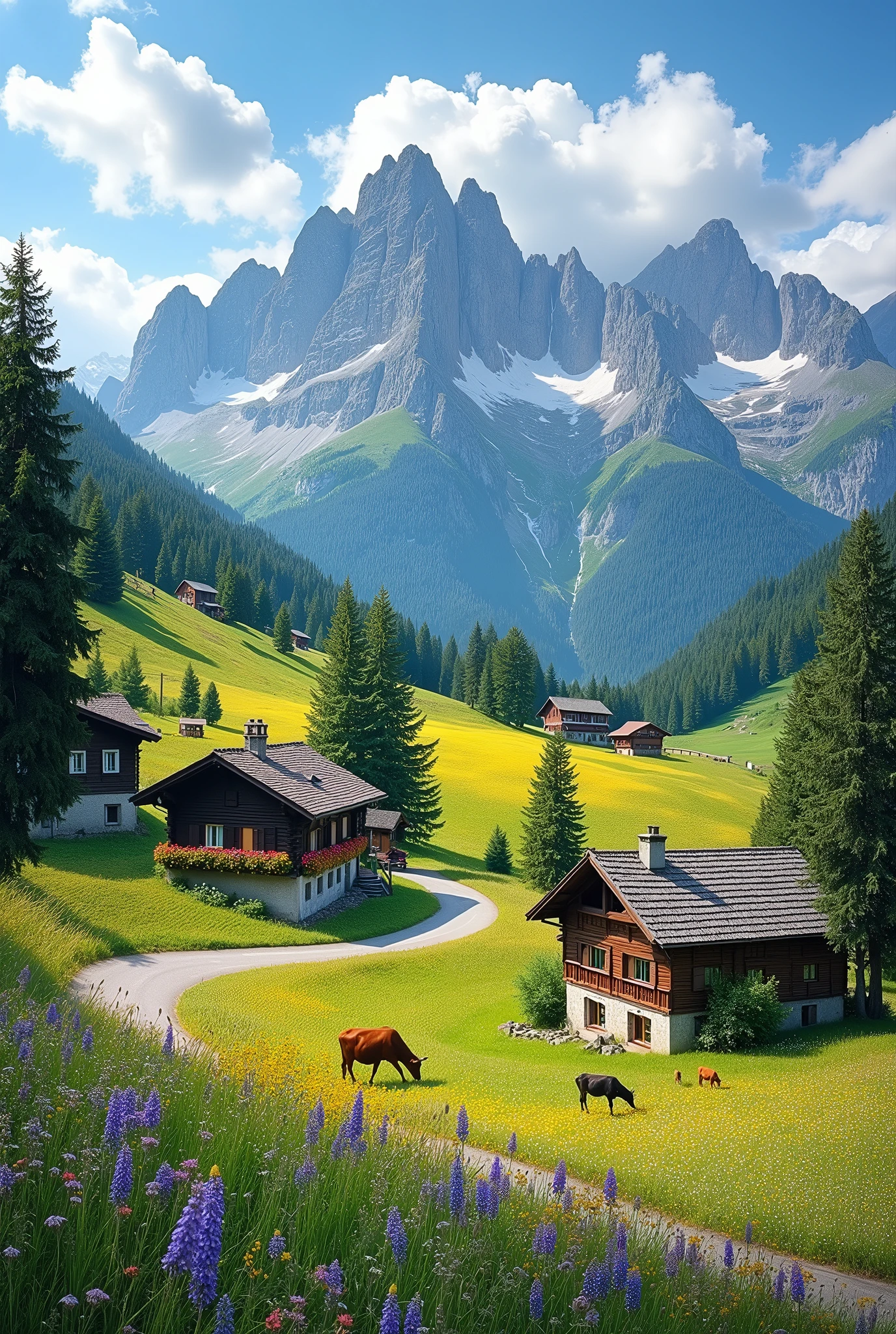 Europian huge alps mountains in sunny day along with Road ,homes trees flowers cows & green blue landscaps.