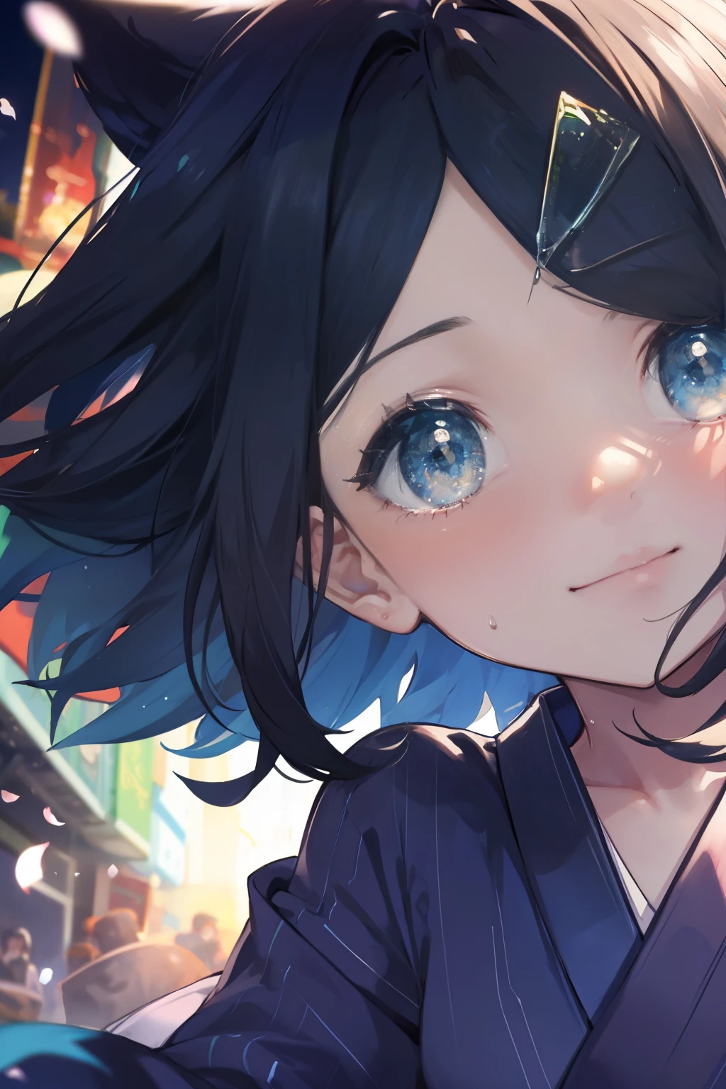 (masterpiece, Highest quality, 8K ultra-high resolution:1.4), Pokemon Riko, (A colorful navy blue yukata, night: 1.4), Beautiful Eyes,Flash photography, Backlight, ((Close-up of face:1.4)), (The best smile of my lover:1.4), Open your mouth, Show the yakisoba to the camera, Written boundary depth, Dramatic portrayal, (Colorful fireworks background), Focus of the film, , Emotional composition, Emotional engine full throttle BREAK Young and cute, Slender body, Flat Chest, Highly detailed glossy skin,Sweat, 完璧なPokemon Riko
, Wind, detailed in the Wind, petals dancing in the Wind
BREAK
ultra detailed crystal eyes, Eyes like shining jewels