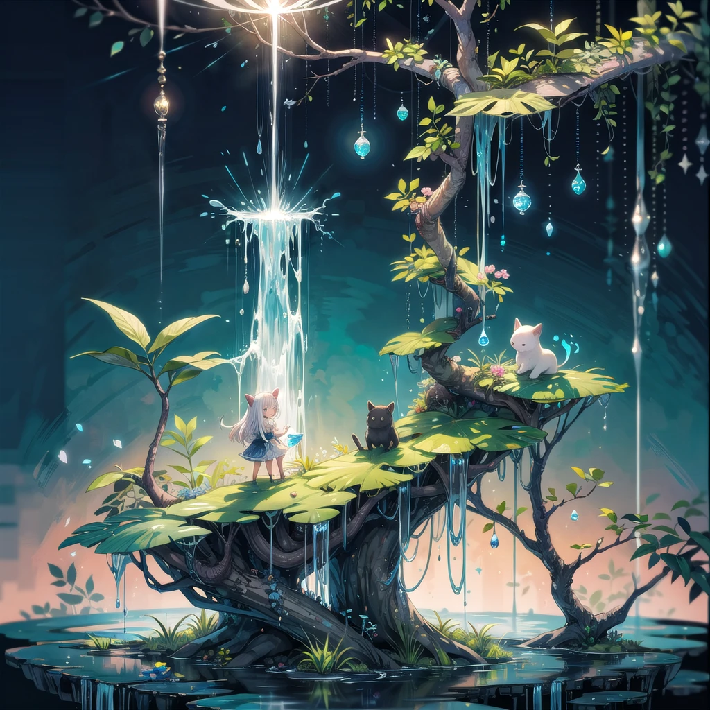 "Create a dreamy watercolor illustration of a girl's hand gently cupping a miniature ecosystem. Her palm cradles a tiny waterfall of glowing hair strands, with bioluminescent flowers blooming between her fingers. Micro-robots tend to the plants while tiny animals scurry across her lifelines."