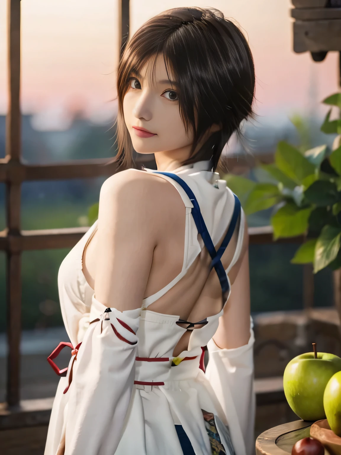 20 year old Japanese beauty,One woman、Muscular body like a bodybuilder、Emphasize the breasts、Slit eyes、A head-to-toe view,Bust is very very large、The background is a medieval European kitchen、High quality photos、Clear, crisp images of the lower body、Masterpiece 8k、Smiling、He is peeling an apple with a knife.、From the front, from the side, from the back, etc.々from what camera angle to shoot、FF10 Yuna's outfit、