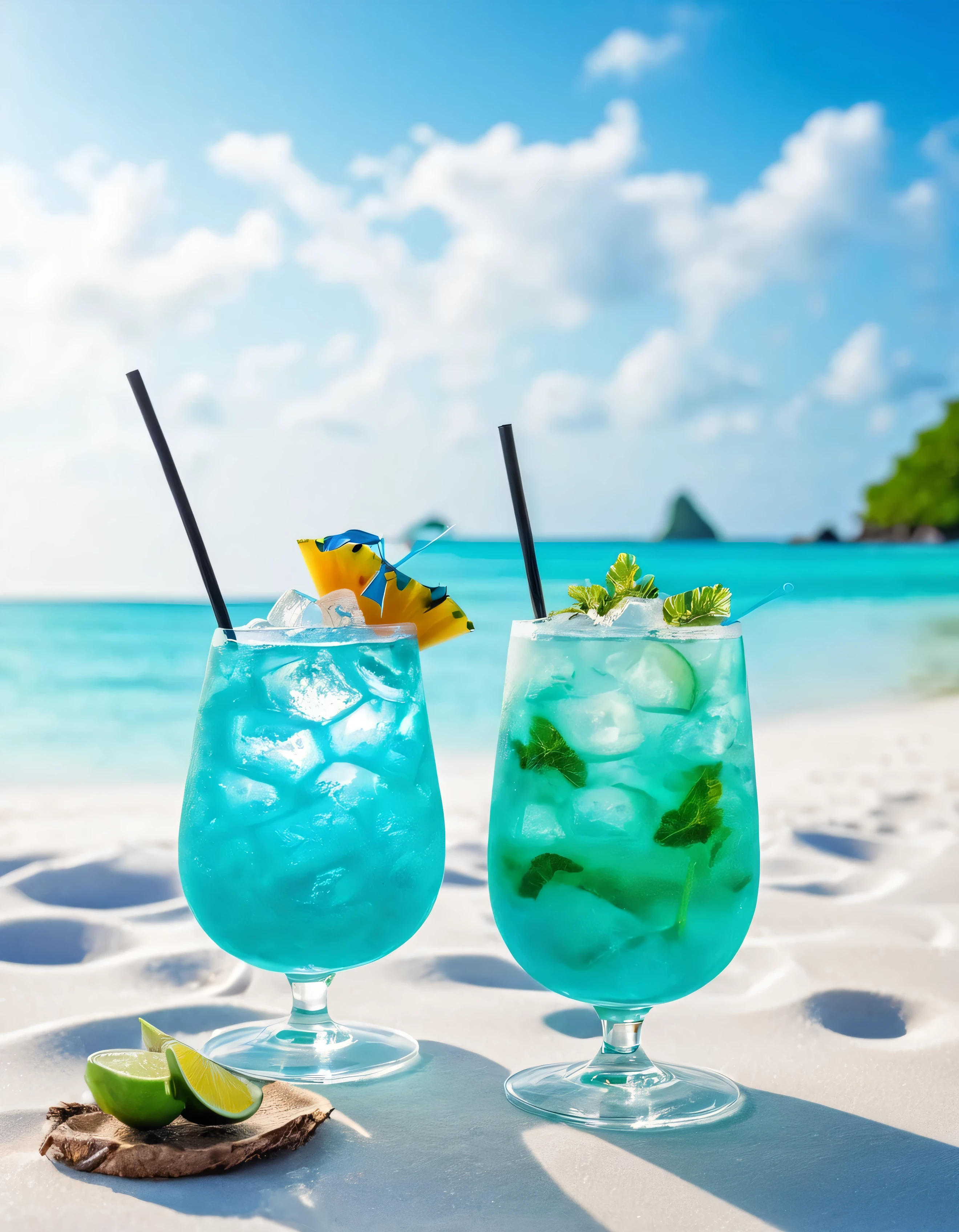 Two sophisticated cocktails with ice ,View of a tropical beach on a sunny day、White sand beach、Turquoise Sea、