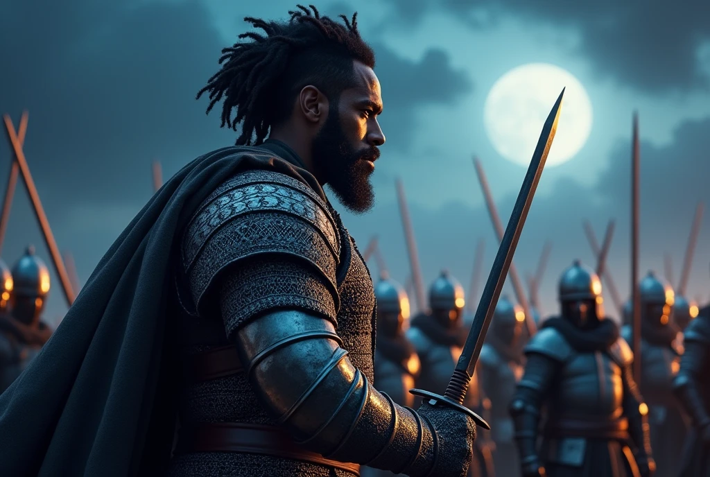 Side view , Charge, Dash, many Muslim warriors, black men , middle body, (Has black hair and a beard),(Cover the whole body in armor, ((Chinese sword in both hands)) , ((He wears a chain clothes, and Wearing a turban, body light armor))) , night ((Anatomically correct,Surrealism, uhd, retina, accurate, anatomically correct, textured skin, super detail, high details, best quality, 8k))