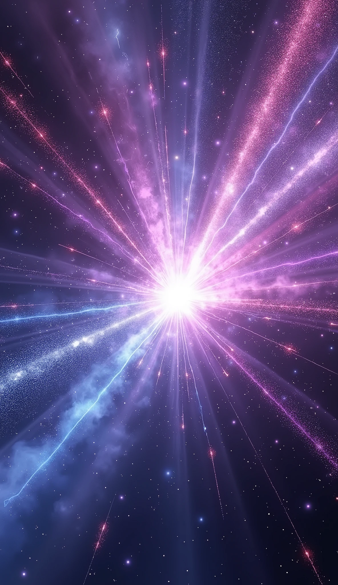 Create a striking and futuristic image representing antimatter in a cosmic setting. The scene should depict particles of antimatter interacting with matter, creating bursts of energy and light as they annihilate each other. The image should feature glowing, ethereal streams of particles, with vibrant colors like bright purples, blues, and whites, contrasting against a dark space background. Include elements like swirling energy fields, shimmering waves, and perhaps an advanced scientific facility or vessel observing the phenomenon. The overall atmosphere should convey the power and mystery of antimatter, blending science with an otherworldly aesthetic