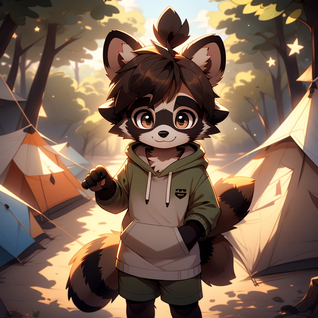 A common raccoon, furry, 10 years old, common raccoon , anthro shota, furry , with brown eyes, brown eyes, furry common raccoon, cute hoodie, nonbinary, androgynous, no pants, no boobs, anthro, non humanoid, animalistic, cartoony, animal features, camp camp