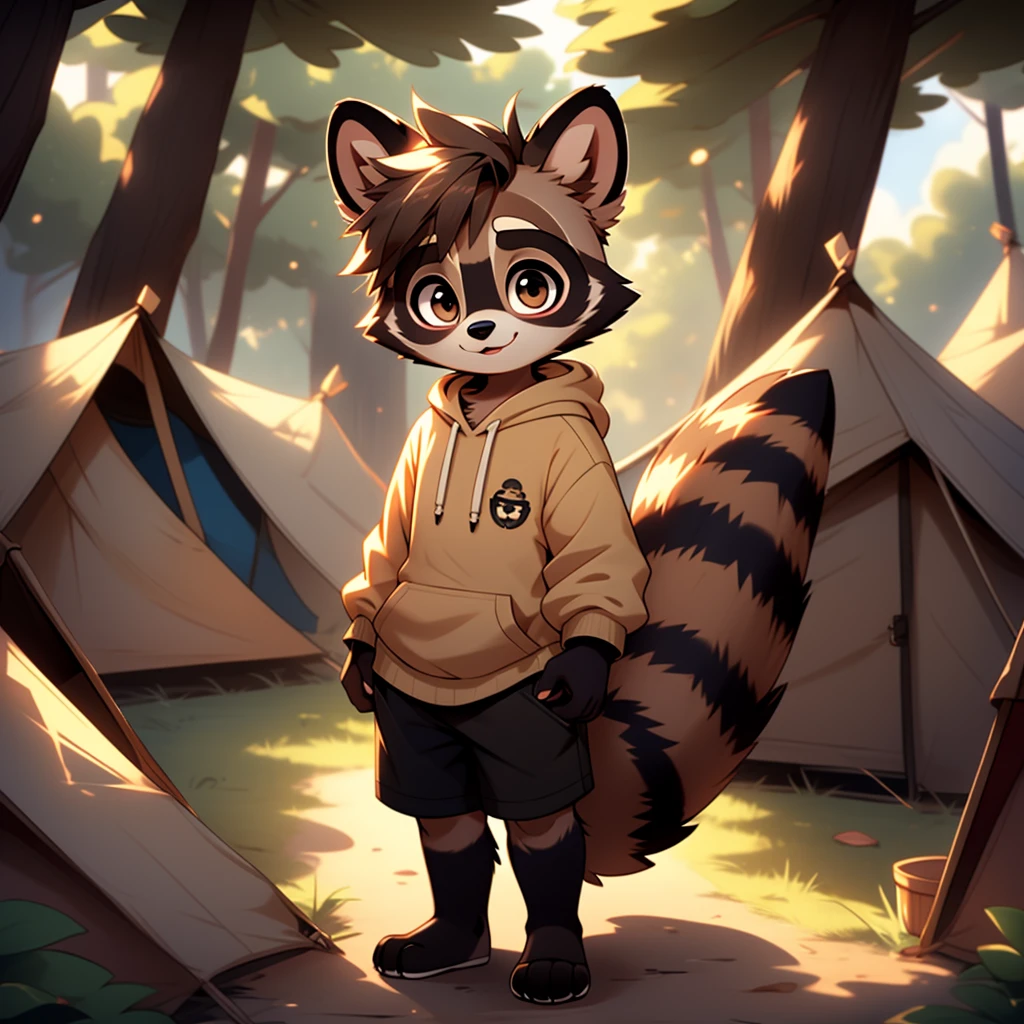 A common raccoon, furry, 10 years old, common raccoon , anthro shota, furry , with brown eyes, brown eyes, furry common raccoon, cute hoodie, nonbinary, androgynous, no pants, no boobs, anthro, non humanoid, animalistic, cartoony, animal features, camp camp