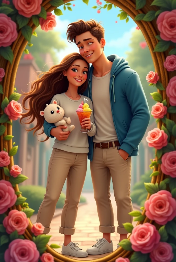 Disney Pixar image of a medium-height woman with long hair wearing a long-sleeved white shirt, light-colored pants, and white tennis shoes, holding a stuffed animal and a glass with a sorbet next to a tall man wearing light-colored pants and a blue jacket, taking a picture in a mirror surrounded by flowers. 