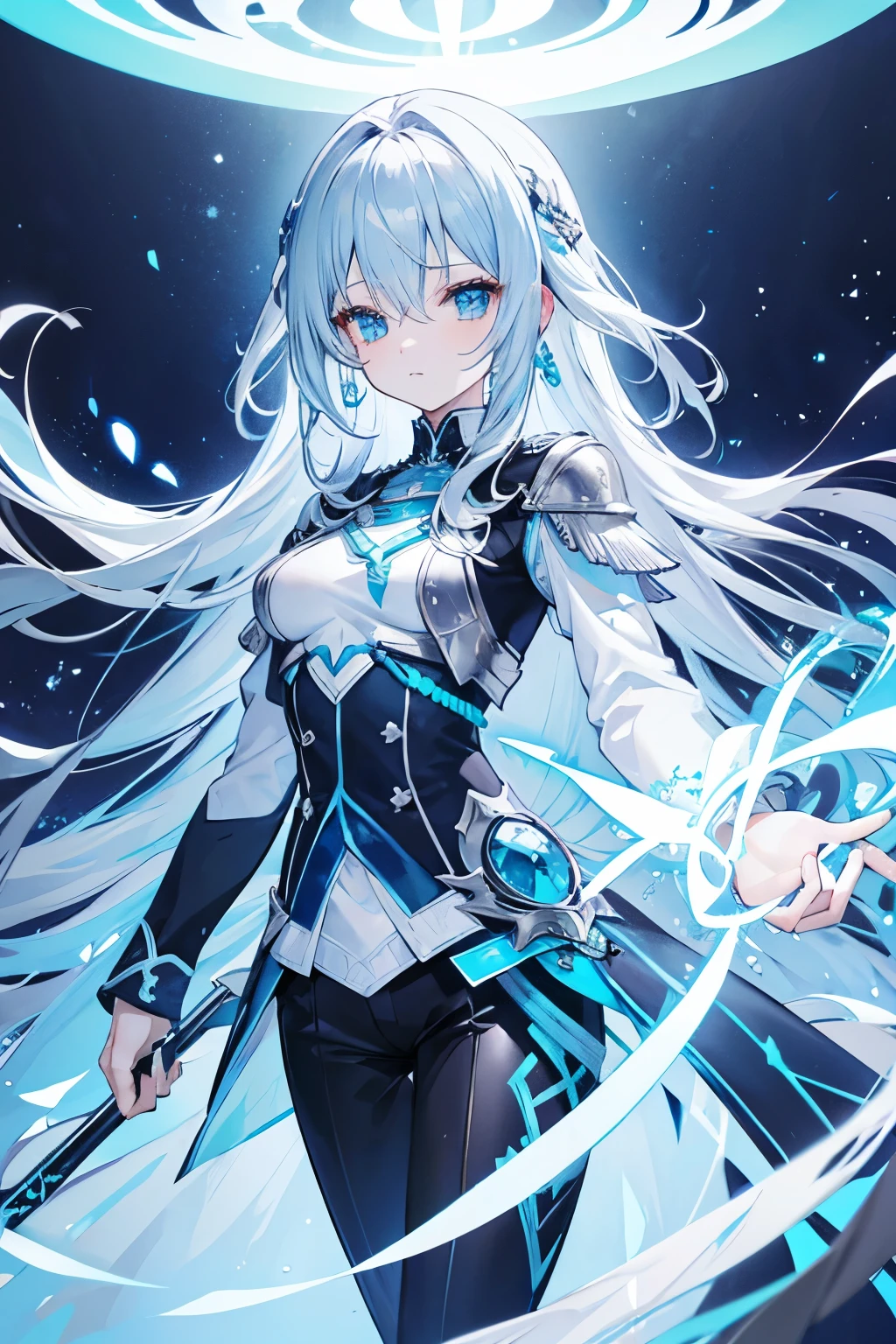 Long silver blue hair、Cyan Eyes, white and blue knight uniform, black pants