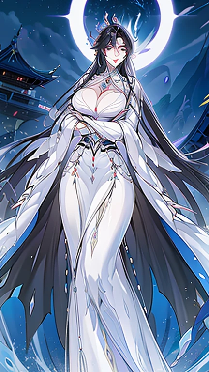 1 woman, mature, High (1.85 cm), looks about 35 years old, have long black hair, straight and shiny, charming fox eyes, majestic black eyes, extremely detailed eyes, perfect eyes, extremely realistic eyes, balanced eyes, long eyelashes, anime style, perfect face, milf face, full red lips, mature, smooth white skin, natural body, sexy body, milf body, perfect hands, detailed hands, arms in proportion to the body, real hands, arm with good anatomy, She was only wearing a loose yellow robe that covered her entire body in a Chinese style decorated with gold and silver with phoenix motifs woven into the robe but still could not hide her extremely large and gigantic breasts. (cup L), very big breasts, stimulate breasts three times larger than her face, Her breasts did not sag as their size remained erect on her body., Leggy, thick thighs, wide hips, wear black socks, full body drawing, have full arms and legs, look at the viewer, The background is a Chinese-style pavilion., pose alone, look at the viewer.