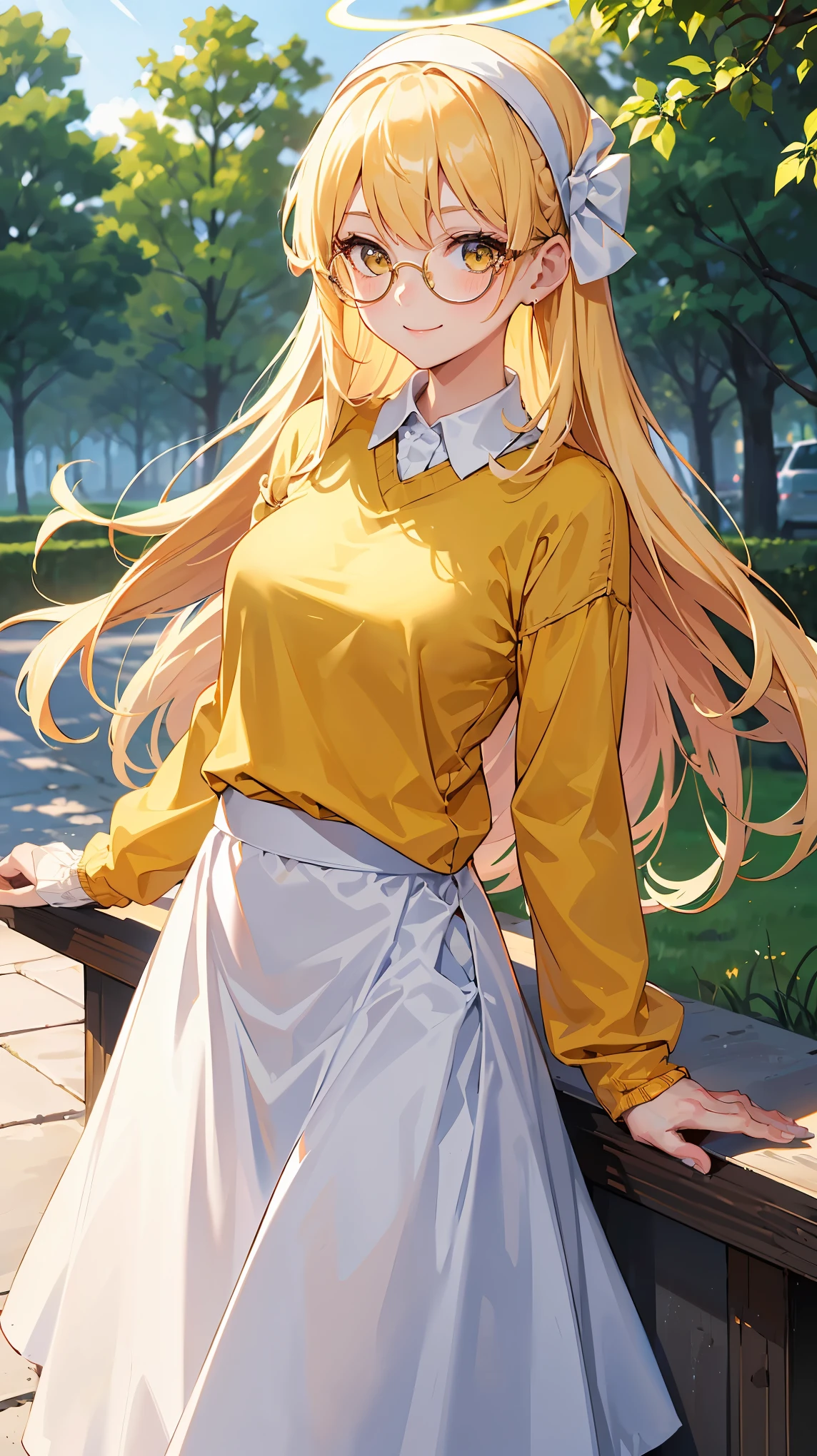 1girl, (smile:1.1, :3, blush:1.1, long hair, white headband:1.1), yellow hair, white eyes:1.7, angel halo:1.4, medium breast, cute, wallpaper, landscape, depth of field, morning, park, light particles, light rays, sidelighting, (yellow sweater:1.2, long white skirt:1.2, white glasses:1.3) 