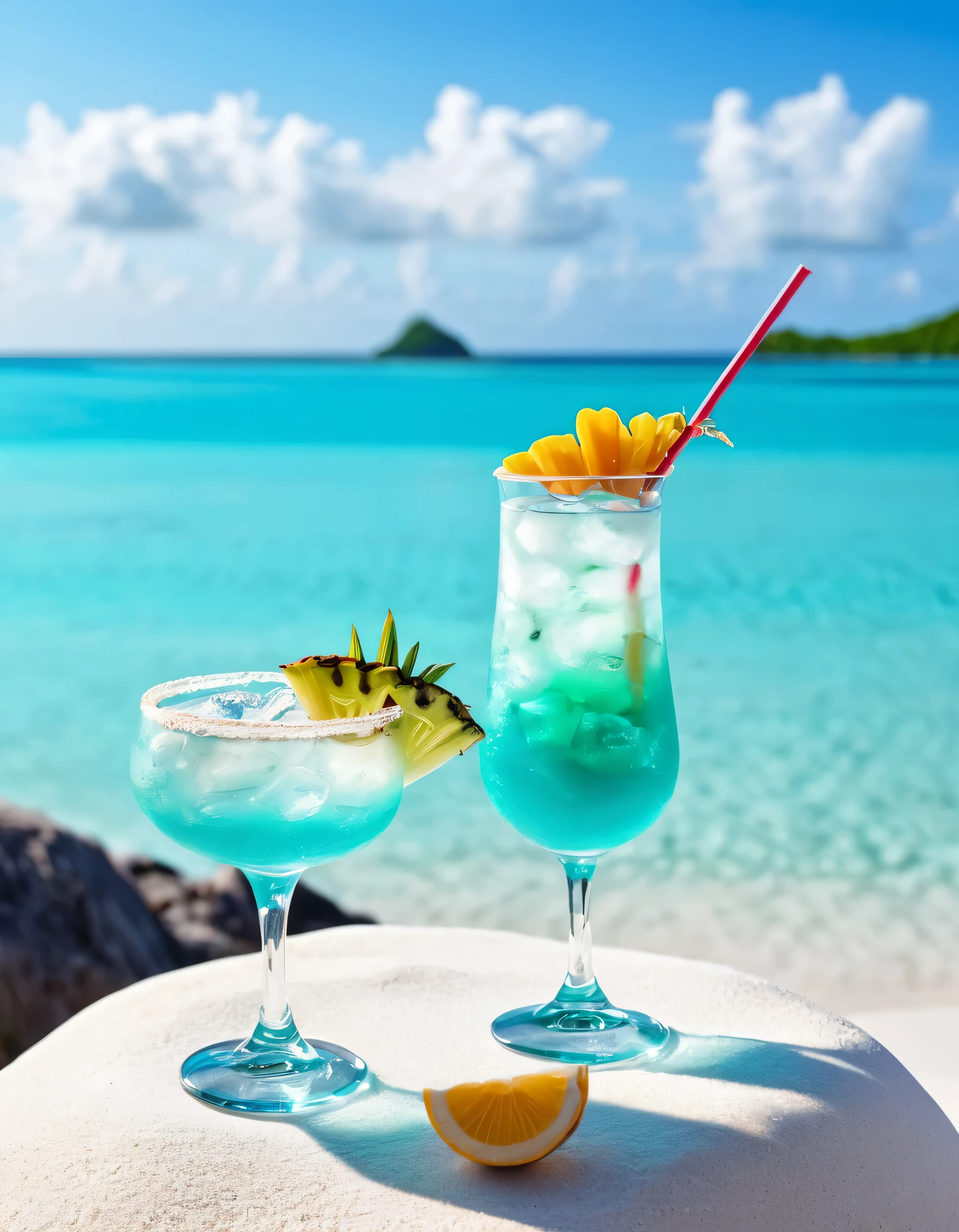 Two sophisticated cocktails with ice ,View of a tropical beach on a sunny day、White sand beach、Turquoise Sea、