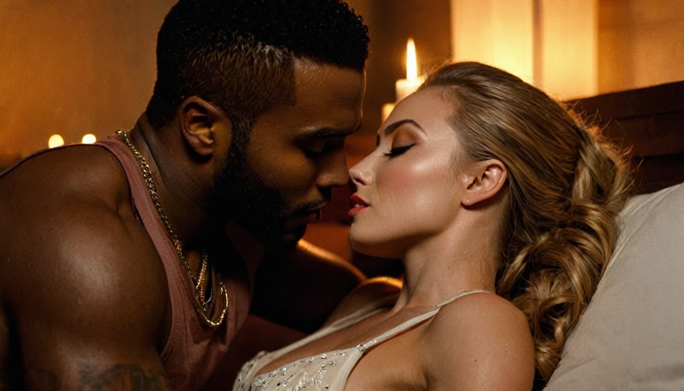 Caucasian actress Saxon Sharbino and a handsome African American male whose facial features are a combo of Jason Derulo + Nathan Mitchell + Omari Hardwick share a steamy kiss inside a bedroom lit only by candlelight. Saxon has lovely makeup on her face. Nighttime. Romantic ambiance. Symmetrical eyes. Symmetrical faces. Lovely details. Photorealistic. Full-colored photo. Professional photo. Highly detailed 8K.