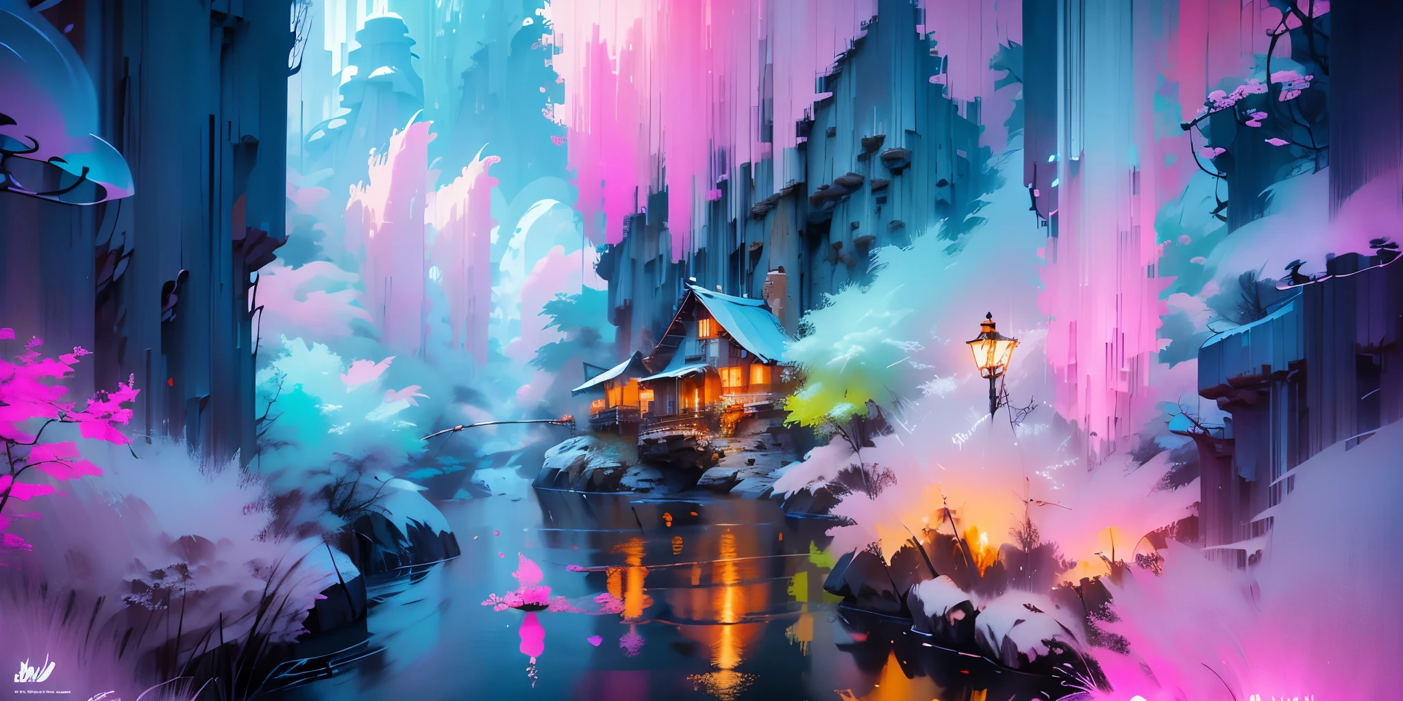 Dessinez un poster d'un village, dans le style lofi, décoration féérique, cascade de lumière, grotte, stalagmites, stalactites, champignon, cristaux, la nuit, belle palette de couleurs varié, couleurs saturées vibrantes, œuvre d'art, aucun humain, thème lumineux.