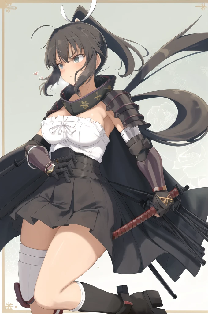 Homura(Senran Kagura), Homura has tanned skin and her dark brown hair is tied in a long ponytail with a white ribbon, the ends of the ribbon standing straight up. She wears a short black dress that looks similar to her old Hebijo uniform, and covers it with a small, light grey jacket, with samurai leg armor on each side. Around her neck is a long black cape with white trim. At the surface of her appearance, Homura has a rather cool demeanor to her upon interaction. She can be calm until a present situation calls for her to get serious. She's not one for conversation as she believes that actions speak louder than words. She also follows the ideal from her former sensei, Rin, that silence is a shinobi's best weapon. Homura is a playable character from the Senran Kagura videogame series. She makes her debut in Senran Kagura: Portrait of Girls. Homura has tanned skin and her dark brown hair is tied in a long ponytail with a white ribbon, the ends of the ribbon standing straight up. She dons the usual Hebijo uniform, which is an all black sailor fuku with red trim. Like Asuka, she wears wrist guards on her forearms with bandages underneath. She wears white loose socks with brown dress shoes. In addition to six katana which she wields at the same time, she carries a nodachi known as Engetsuka on her back. At the surface of her appearance, Homura has a rather cool demeanor to her upon interaction. Body and Physique: Homura has a well-defined, athletic build that reflects her ninja training. Her body is lean and toned, with prominent muscle definition in her arms and legs, indicating her strength and agility. Her waist is narrow, leading to a more pronounced hourglass figure, which is accentuated by the design of her outfit. Her posture is often upright and confident, embodying the discipline and skill of a seasoned warrior. Despite her sleek and agile appearance, she maintains a strong and resilient physique, essential for her role in battle. NSFW NSFW NSFW NSFW Green eyes