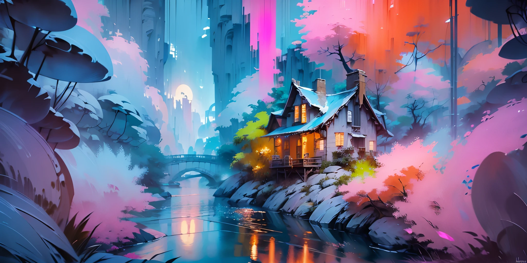 Dessinez un poster d'un village, dans le style lofi, décoration féérique, cascade de lumière, grotte, stalagmites, stalactites, champignon, cristaux, la nuit, belle palette de couleurs varié, couleurs saturées vibrantes, œuvre d'art, aucun humain, thème lumineux.