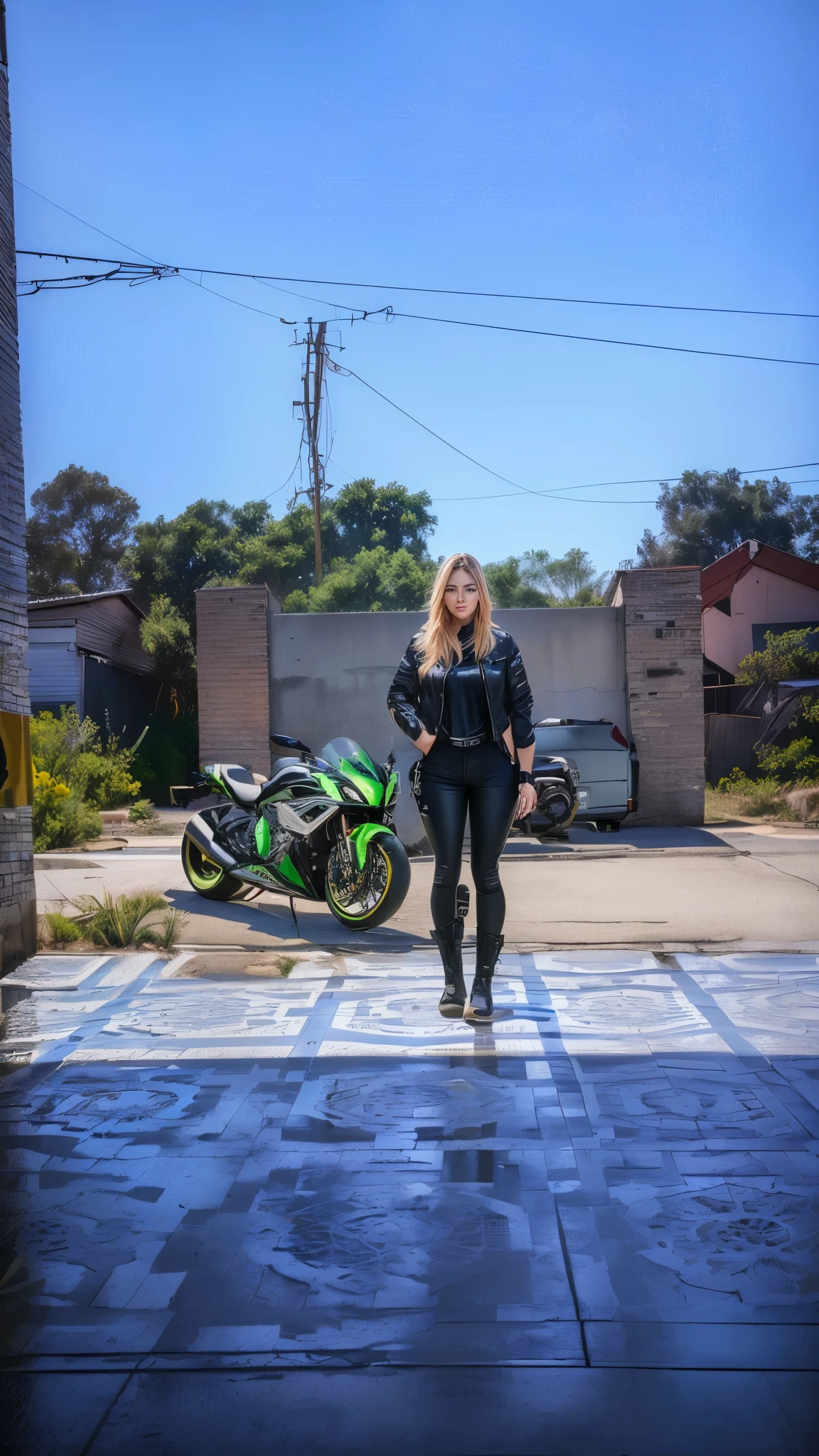 there is a woman standing in front of a motorcycle on a tiled floor, shot on nikon z9, in front of a garage, shot on canon eos r5, shot on canon eos r 5, taken with canon 5d mk4, taken with canon eos 5 d mark iv, shot with sigma f/ 4.2