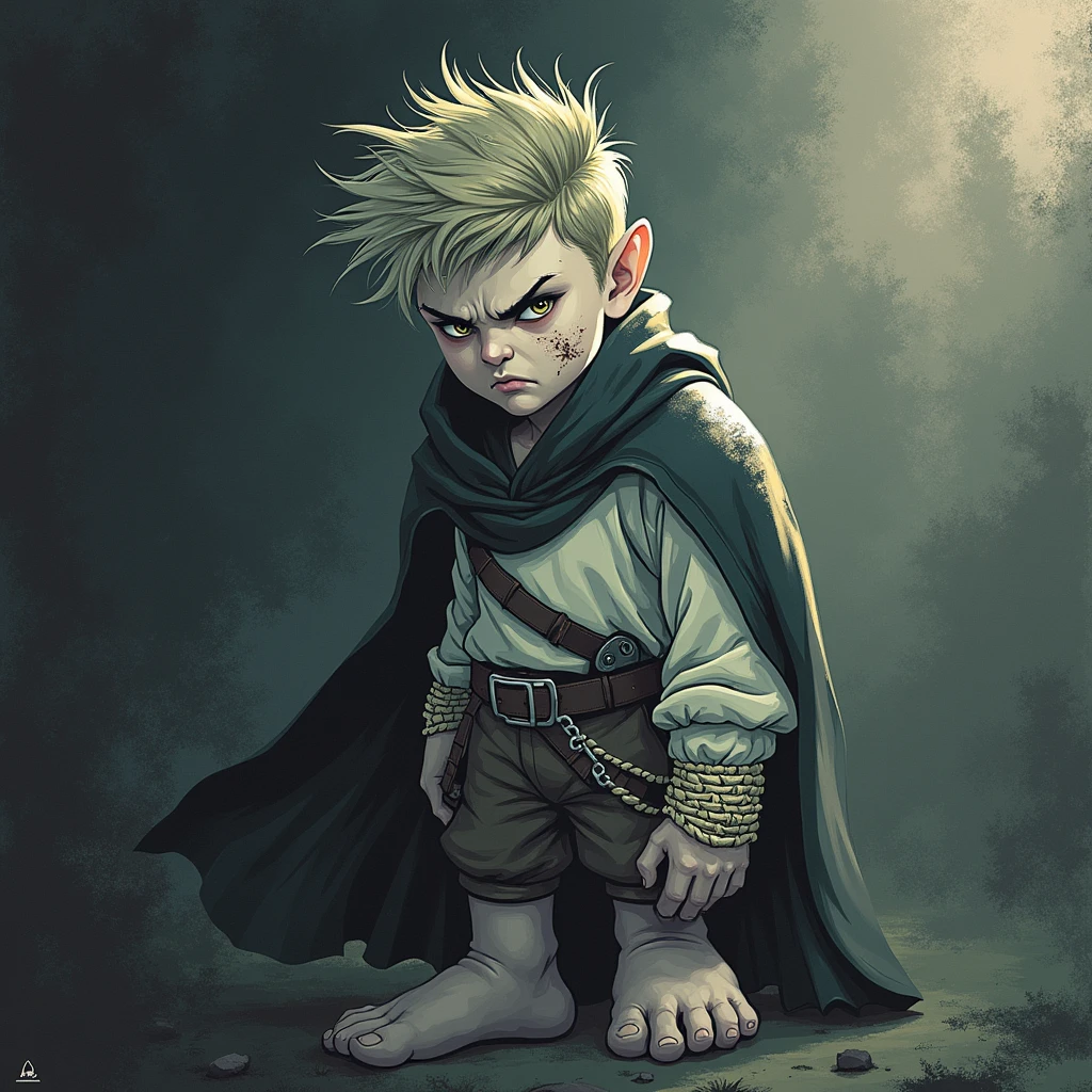 character detailing, man, hobbit, single, without shoes, bare feet, short hair, pixie haircut, leg hair, cape, hood on head, curly hair, fair skin, medieval, adventurer, fantasy, chocolate hair, dark green cloak, brown eyes, angry, big scar on cheek, sword on belt, bone bracelet, (scars), lots of shadows, dark colors, brown pants, milk shirt,