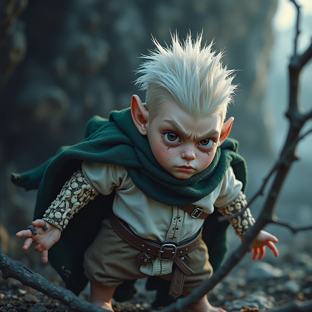character detailing, man, hobbit, single, without shoes, bare feet, short hair, pixie haircut, leg hair, cape, hood on head, curly hair, fair skin, medieval, adventurer, fantasy, chocolate hair, dark green cloak, brown eyes, angry, big scar on cheek, sword on belt, bone bracelet, (scars), lots of shadows, dark colors, brown pants, milk shirt,