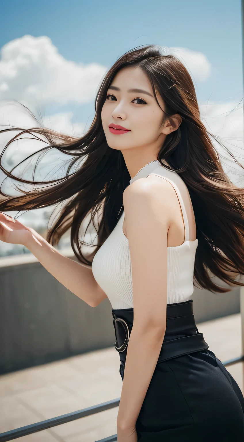 (one woman),(A bursting smile:1.5),(look at the audience:1.1),(hide your hands:2.0),(beautiful japanese woman),straight nose,(hair behind the ear, hair on shoulders, straight hair, long hair, A strong wind blows in my hair:1.5), ( high neck sleeveless , Tight Skirt:1.5), (high heels;1.3), fine clothes, (perfect female body), (tight waist:1.5), (bust up portrait:1.3), dynamic pose, cinematic light, Cafe