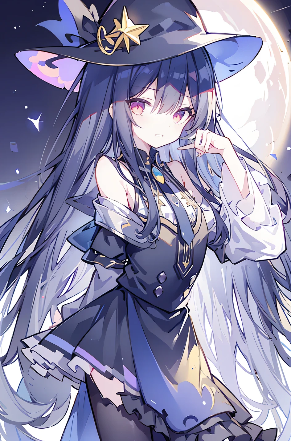 oung Girls,Humanity,A magician always smiles,big witch hat,cute,dark blue long hair,The eyes are dull,The bangs are heavy,Thin eyebrows,fantasy,intake,Double teeth,Star Theme,Constellation pattern,Solid color clothetal decoration,cloak,A bit of a dark atmosphere,A little crazy smile,When the big moon shines outside at night,blood,Hair black star embellishment,Short tie,No nails,High waist skirt,Bell sleeves,Long-sleeved shirt,Black tie,low risk,gentlemen。Mist、Yellow and white effect，Shocking pink as an accent color