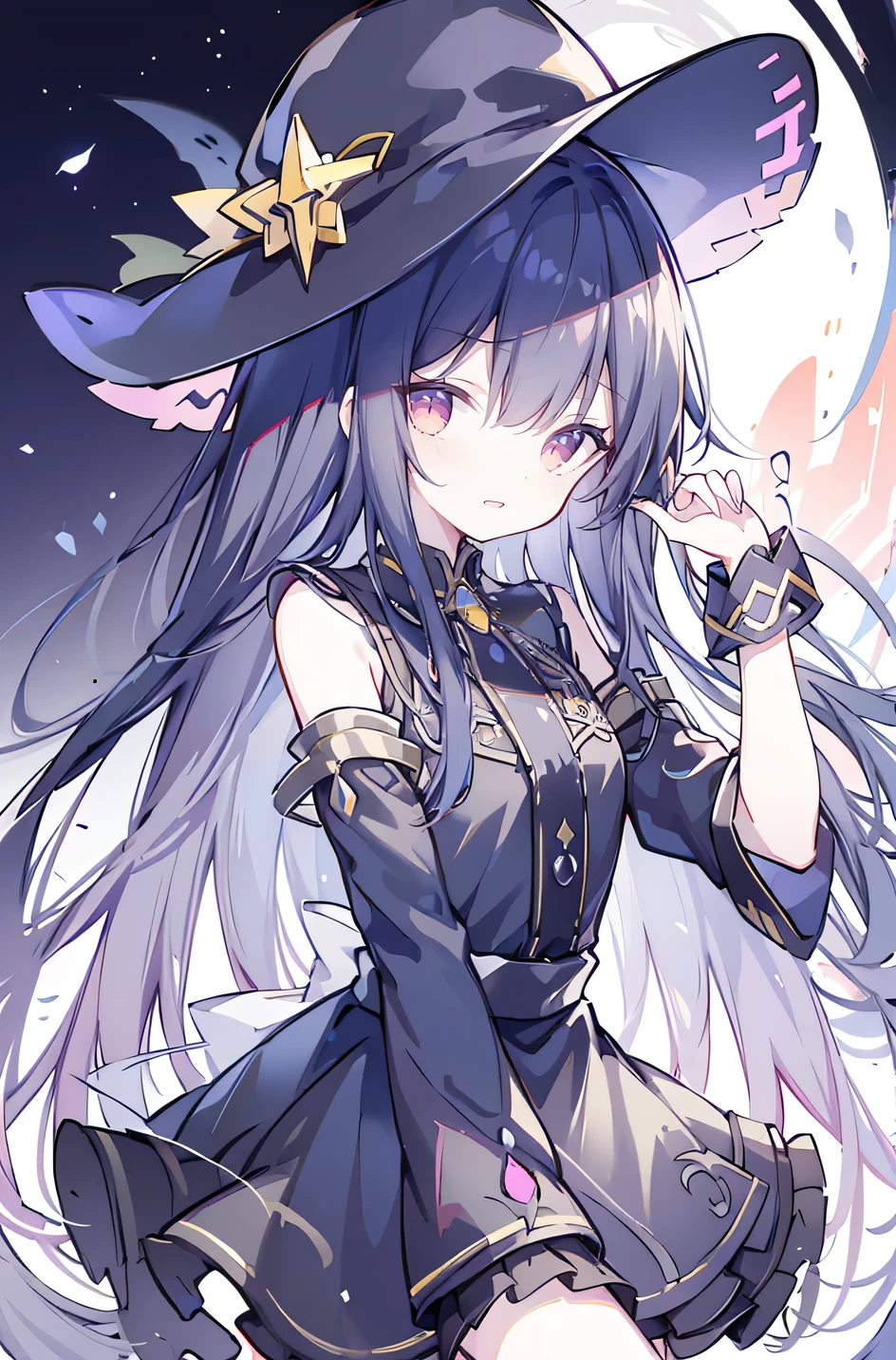 oung Girls,Humanity,A magician always smiles,big witch hat,cute,dark blue long hair,The eyes are dull,The bangs are heavy,Thin eyebrows,fantasy,intake,Double teeth,Star Theme,Constellation pattern,Solid color clothetal decoration,cloak,A bit of a dark atmosphere,A little crazy smile,When the big moon shines outside at night,blood,Hair black star embellishment,Short tie,No nails,High waist skirt,Bell sleeves,Long-sleeved shirt,Black tie,low risk,gentlemen。Mist、Yellow and white effect，Shocking pink as an accent color