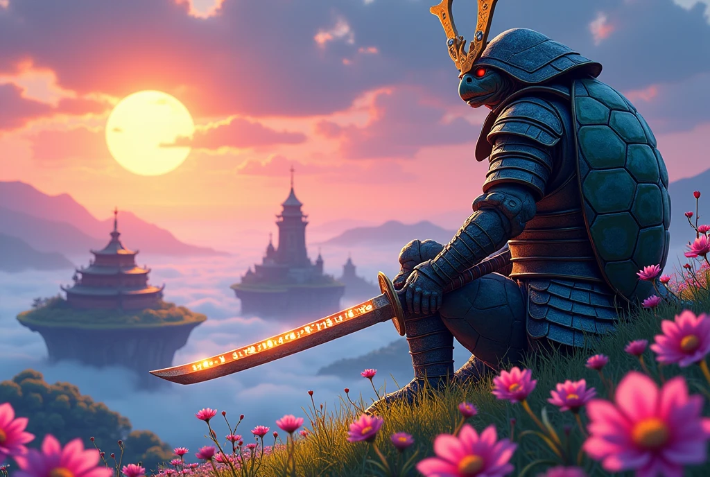 Bright cartoon with bold lines, close-up, side view, samurai sits atop grassy hill, floating islands with marble magic towers, heavy armor made of turtle shells, wide sword with glowing runes, numerous vibrant magical blossoms in the foreground, beautiful dusk.