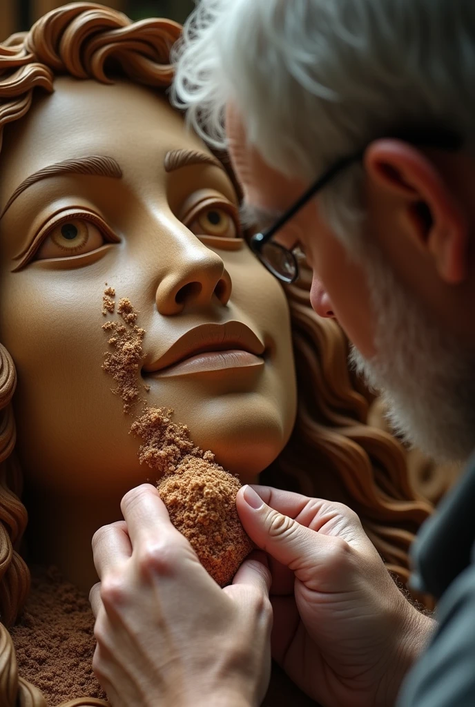 Close-up of the oldest hands, travaillant une grande sculpture en bois de chaîne d'un visage féminin sublime et heureux, copeaux de bois, sculpture, grande précision du geste, travail sublime et délicat, oeuvre d'art, masterpiece, 8K