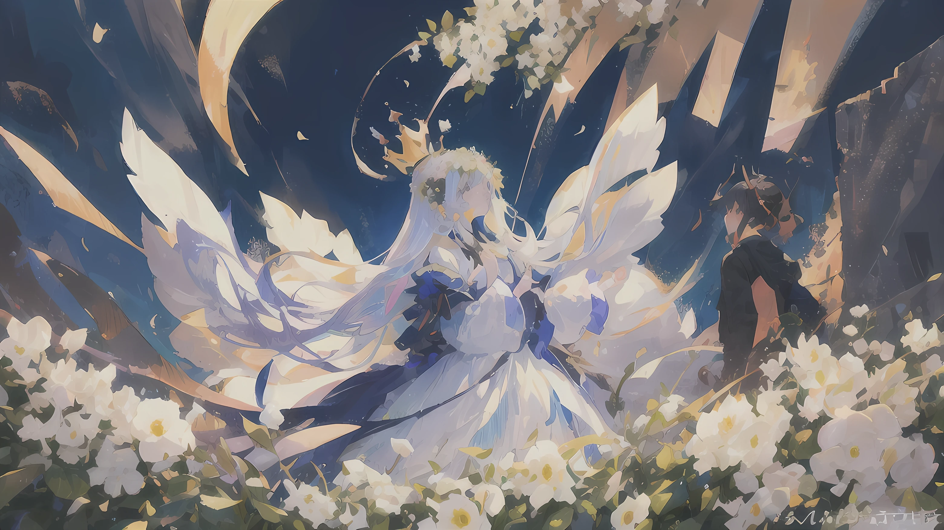 In the moonlight、A girl wearing a crown of evening primroses on her head、Looking up at the night sky。A group of evening primroses surround the girl.、A fantastic space spreads out。An illustration、pastel colour、Dreamy atmosphere