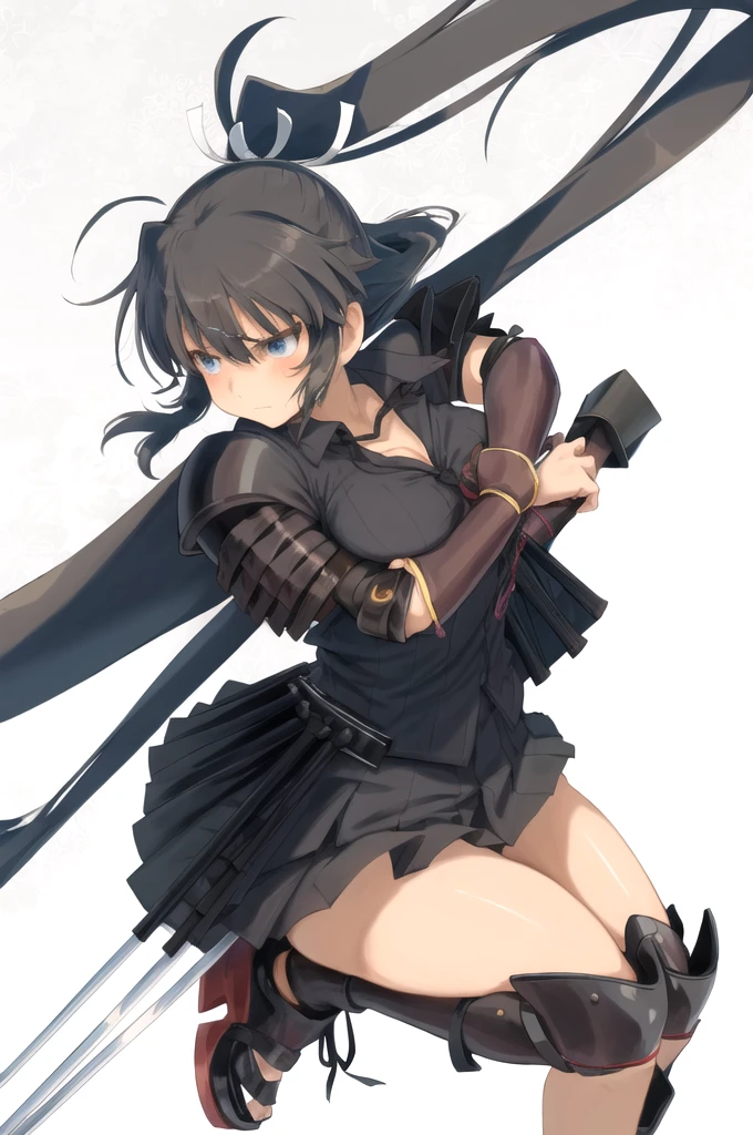 Homura(Senran Kagura), Homura has tanned skin and her dark brown hair is tied in a long ponytail with a white ribbon, the ends of the ribbon standing straight up. She wears a short black dress that looks similar to her old Hebijo uniform, and covers it with a small, light grey jacket, with samurai leg armor on each side. Around her neck is a long black cape with white trim. At the surface of her appearance, Homura has a rather cool demeanor to her upon interaction. She can be calm until a present situation calls for her to get serious. She's not one for conversation as she believes that actions speak louder than words. She also follows the ideal from her former sensei, Rin, that silence is a shinobi's best weapon. Homura is a playable character from the Senran Kagura videogame series. She makes her debut in Senran Kagura: Portrait of Girls. Homura has tanned skin and her dark brown hair is tied in a long ponytail with a white ribbon, the ends of the ribbon standing straight up. She dons the usual Hebijo uniform, which is an all black sailor fuku with red trim. Like Asuka, she wears wrist guards on her forearms with bandages underneath. She wears white loose socks with brown dress shoes. In addition to six katana which she wields at the same time, she carries a nodachi known as Engetsuka on her back. At the surface of her appearance, Homura has a rather cool demeanor to her upon interaction. Body and Physique:
Homura has a well-defined, athletic build that reflects her ninja training. Her body is lean and toned, with prominent muscle definition in her arms and legs, indicating her strength and agility. Her waist is narrow, leading to a more pronounced hourglass figure, which is accentuated by the design of her outfit. Her posture is often upright and confident, embodying the discipline and skill of a seasoned warrior. Despite her sleek and agile appearance, she maintains a strong and resilient physique, essential for her role in battle. NSFW NSFW NSFW NSFW HENTAINSFW