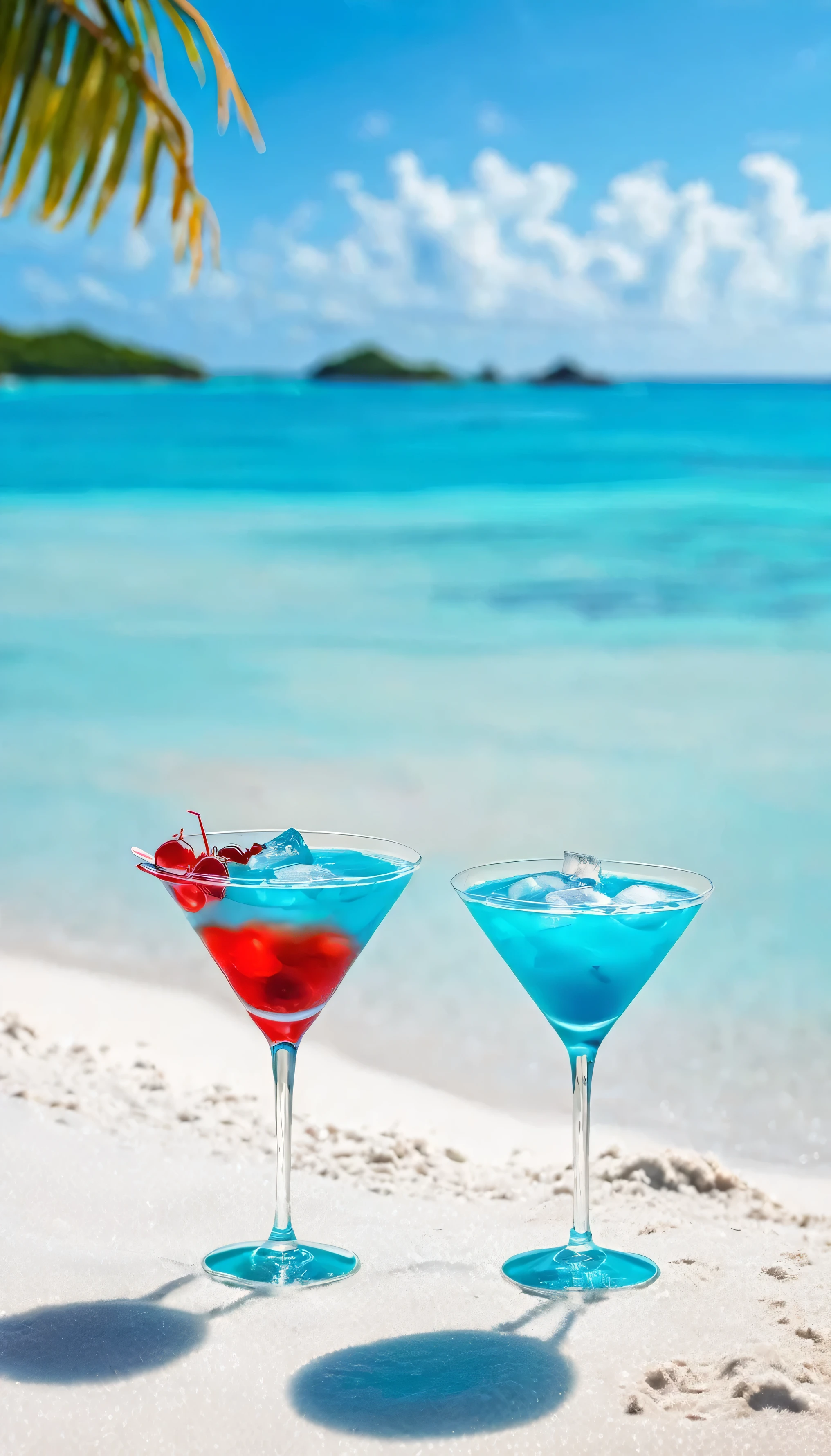 A red cocktail with ice and a blue martini cocktail, Two cocktails ,View of a tropical beach on a sunny day、White sand beach、Turquoise Sea、