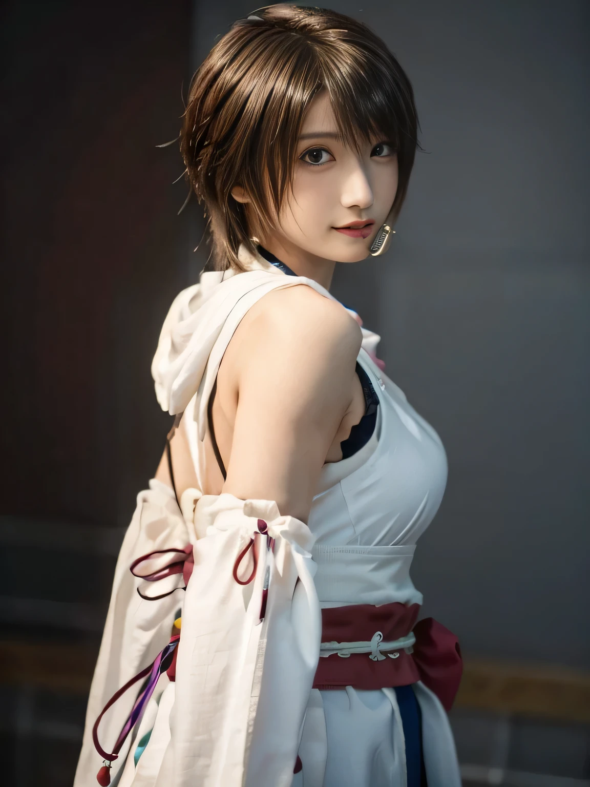 20 year old Japanese beauty,One woman、Muscular body like a bodybuilder、Emphasize the breasts、Slit eyes、A head-to-toe view,Bust is very very large、The background is a medieval European kitchen、High quality photos、Clear, crisp images of the lower body、Masterpiece 8k、Smiling、Holding an apple in the mouth、From the front, from the side, from the back, etc.々from what camera angle to shoot、FF10 Yuna's outfit、