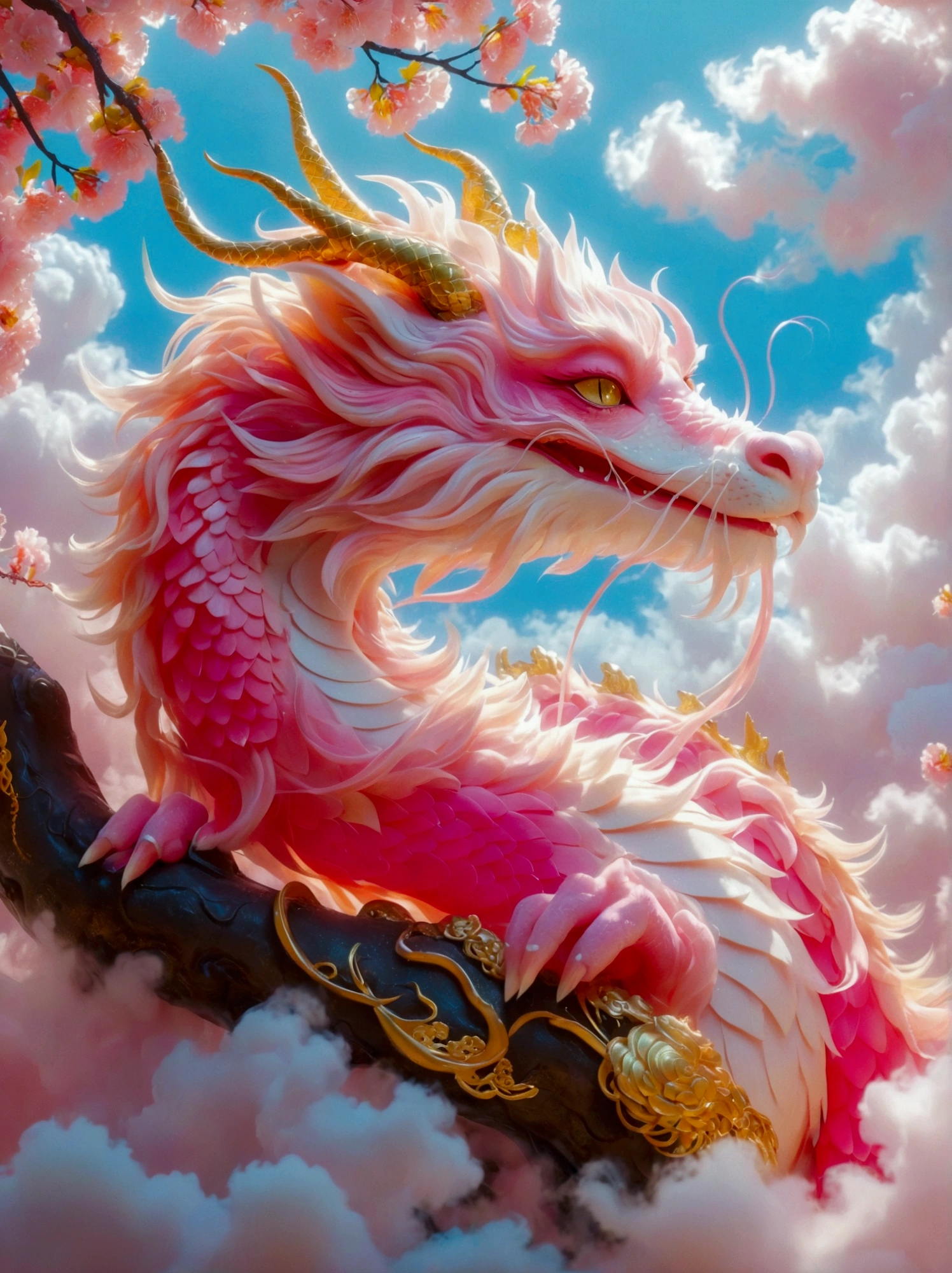 [Vision:1.0]，[Wide Angle:1.0]，Dragon sleeping on clouds, translucent glass brush, Sakura and gold style, anime aesthetics, furry art, pink, elaborate, 3d, C4D rendering, 8k, super high detail, Bright colors，Bright，Ultra high saturation，rgb, Colorful)，(High contrast:1.5)，(whole body:1.8), magazine photography，Popular on social platforms，((Dopamineism))，(((Dopamine color matching)))，Dopamine，(in the style of Y2K)，Luo Erchun，Three-dimensional ancient style，Oriental poetry and painting