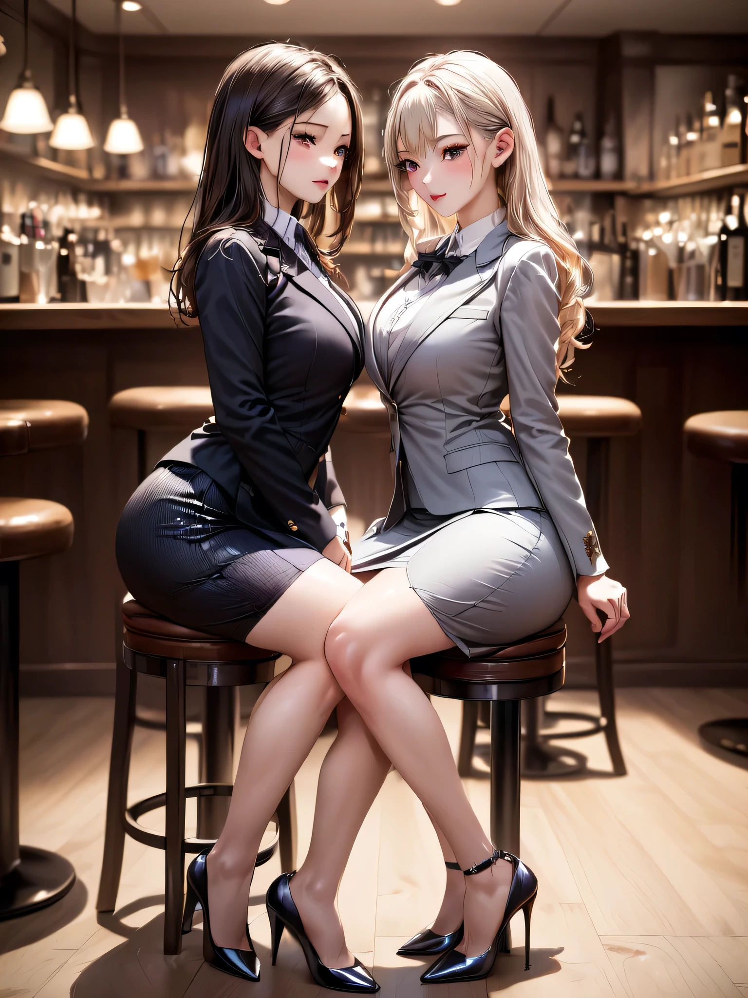 (masterpiece, best quality, highest quality, Masterpiece, 8k:1.5),((Full Body Shot,Including face)), 1girl, ((Focus on the face,Symmetrical facial features)), Beautiful woman, (slender), ((High heels)), Detailed depiction of the face,
Cafe,bar, (skirt, suit, OL, Sit down and face each other.:1.5), conversation、