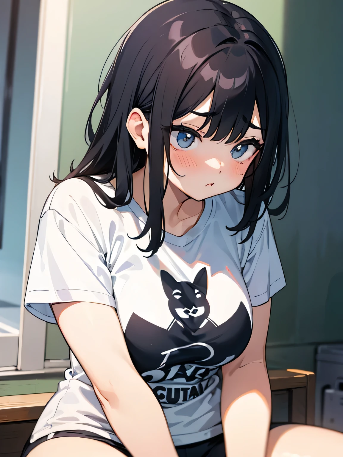 Chubby women、Black Hair、Upper Body、T-Shirts、Sitting、Anxious expression、pout