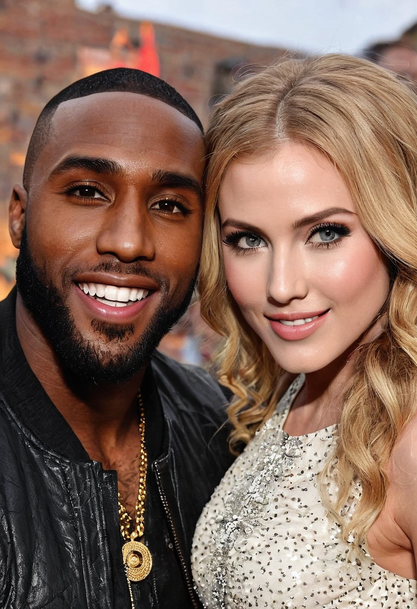 Caucasian actress Saxon Sharbino and a handsome African American male whose facial features are a combo of Jason Derulo + Nathan Mitchell + Omari Hardwick pose together for a photo. Both are smiling. Both are attired attractively but casually for a date. Saxon has lovely makeup on her face. Daytime. Romantic ambiance. Symmetrical eyes. Symmetrical faces. Lovely details. Photorealistic. Full-colored photo. Professional photo. Highly detailed 8K.