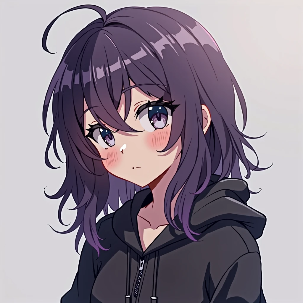 Black anime girl with purple hair, wearing a hoodie